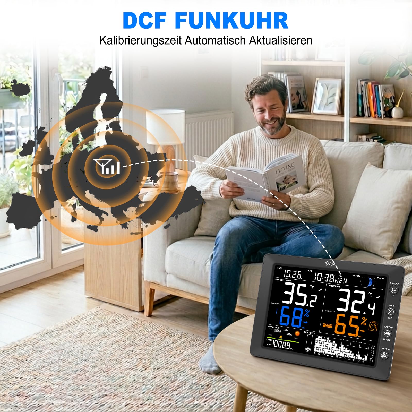 Urageuxy Wetterstation Funk mit Außensensor, 8,3 Zoll VA-Farbdisplay, DCF Funkuhr, Wettervorhersage, Innen- & Außentemperatur, Luftfeuchtigkeit, Luftdruck, 100 m Funkreichweite, für bis zu 8 Sensoren