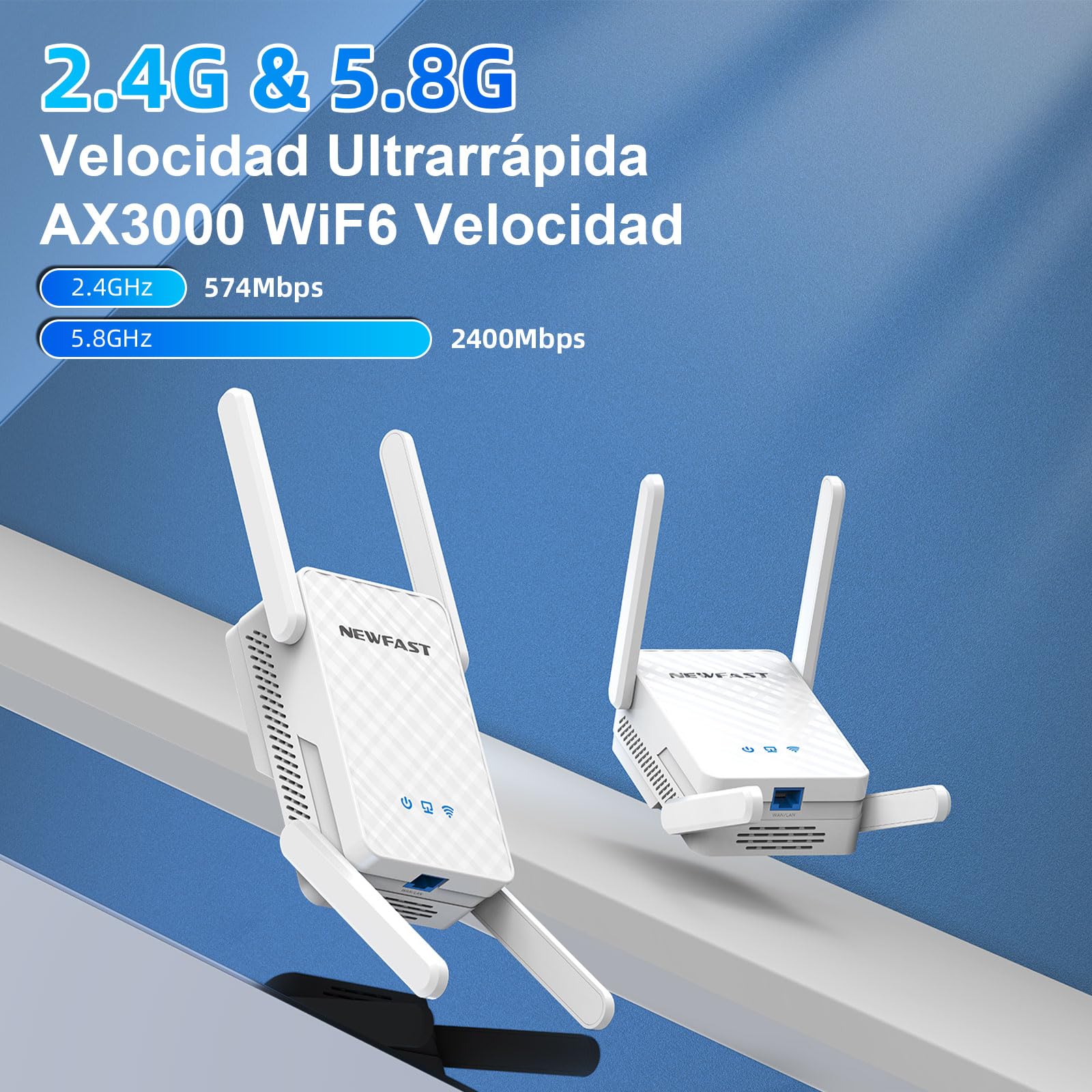 NEWFAST Repetidor WiFi 3000Mbps Amplificador Señal WiFi AX3000 Repetidor WiFi6 5.8/2.4GHz, Puerto Gigabit, 4 Antenas, WPA3, IEEE802.11ax/AC/b/g/n