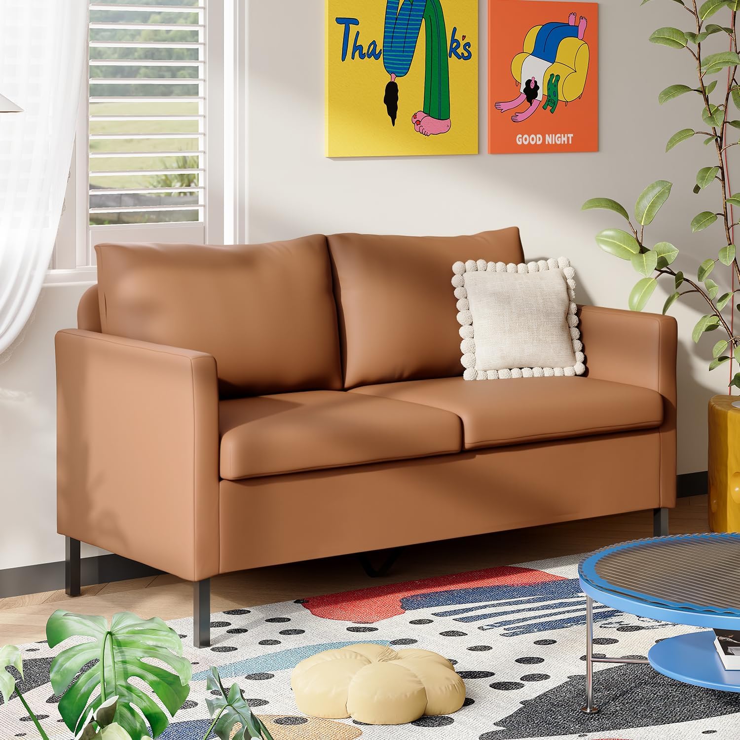 TYBOATLE Modern Faux Leather Small Couches for Small Spaces, Comfy Upholstered Brown Love Seat for Bedroom, 2 Seater Mini Couch for Dorm, Apartment, Office, Brown