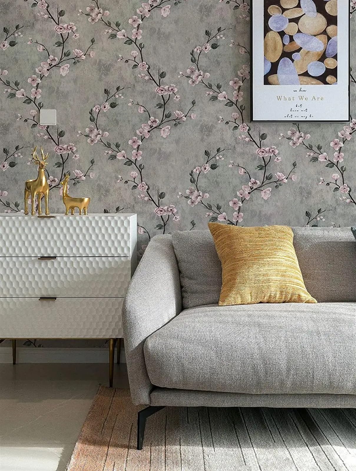 Tapeta do salonu, Tapeta kwiatowa Szara tapeta samoprzylepna Kwiatowa samoprzylepna tapeta w rolce Zdejmowany papier przylepny Dekoracyjna tapeta samoprzylepna(Grey,5mx45cm)
