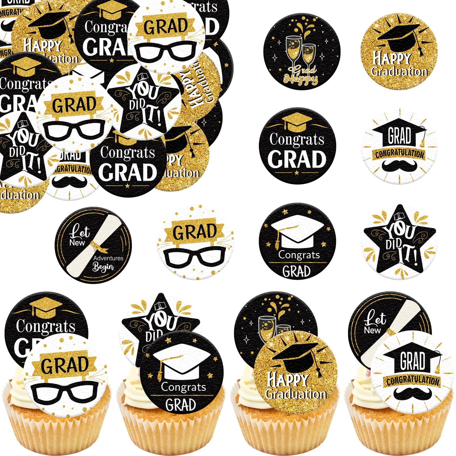 Fyeoxle 36PCS Edible Graduation Cap Cupcake Toppers Wafer Paper Grad Cap Diploma Cake Decorations Edible Grad Cap Cupcake Picks for 2026 Grad Theme