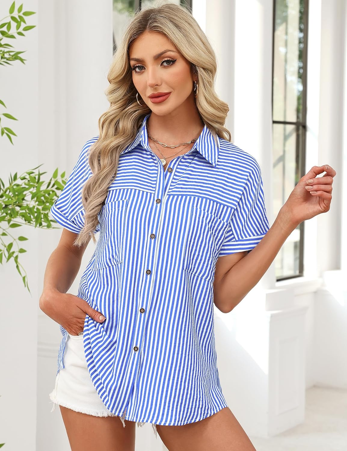 Button Down Shirt for Women Short Sleeve Blouses Dressy Casual Business Work Summer Vacation Tops Hawaii Shirts with Pockets - Image 5