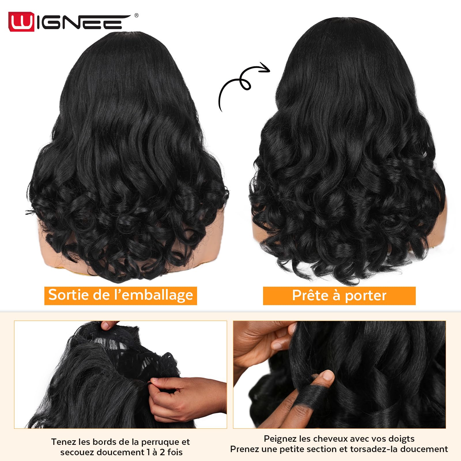 WIGNEE Perruque V Part Bouclée 46 cm – Yaki Synthétique Résistante à la Chaleur, Noir Naturel, Demi-Perruque Légère, Mélange Invisible pour Usage Quotidien