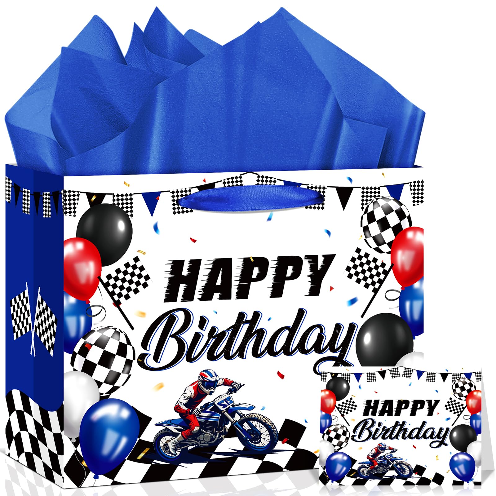Neptniopllab Dirt Bike Birthday Gift Bag with Card & Wrapping Paper for Motorcycle Birthday Party Decoration Racing Motocross Motorbike Boy Men Goodie Treat Bag