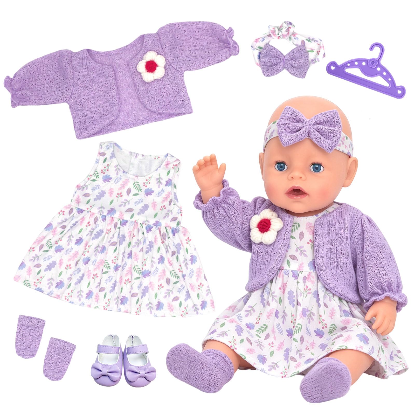 6 sztuk fioletowych ubranek dla lalek niemowlęcych 35-43 cm, słodkie kwiatowe ubranka dla lalek niemowlęcych 14-17 cali, płaszcz, sukienka, opaska na głowę, skarpetki, buty, wieszak na ubrania