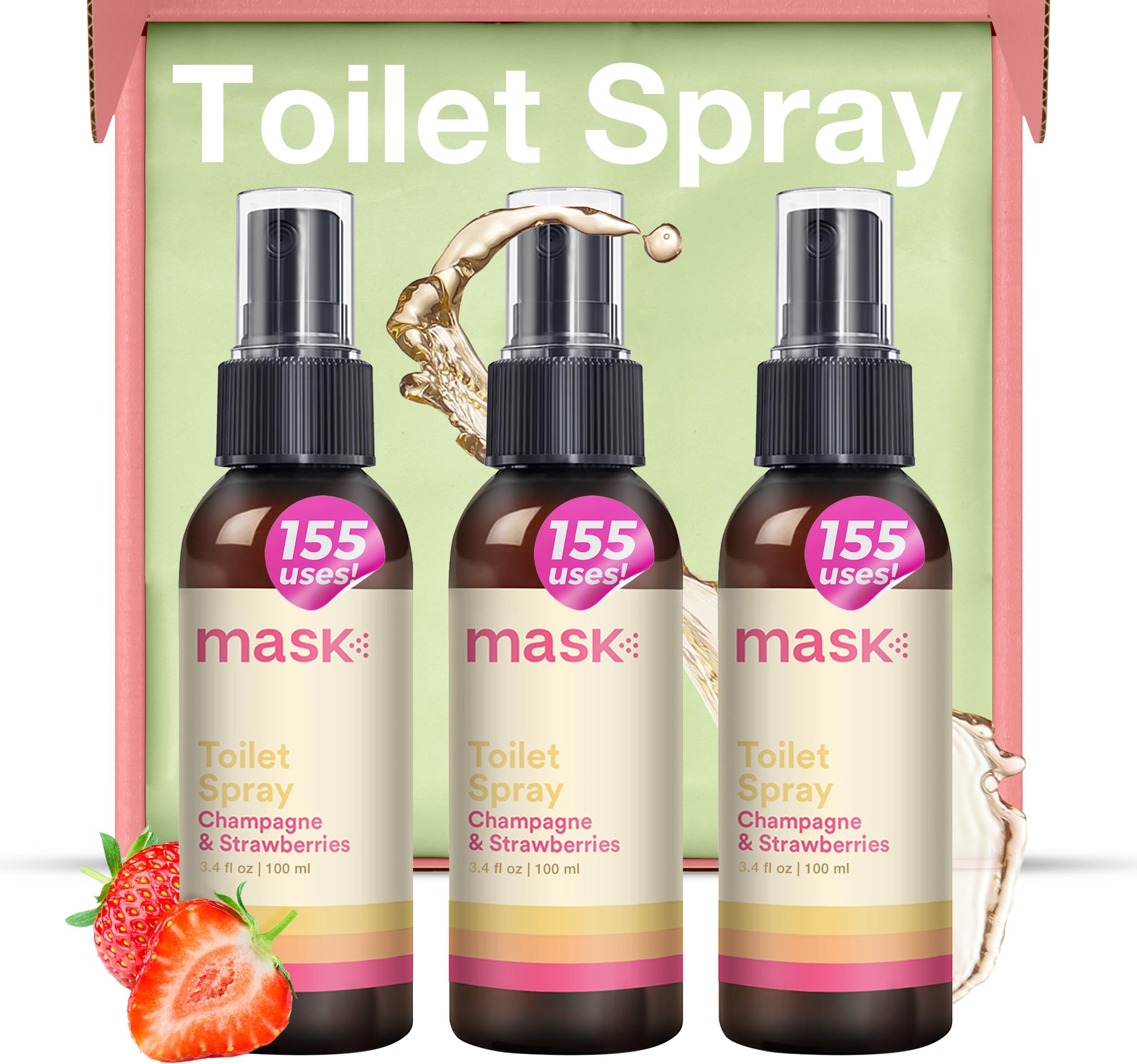 Mask Toilet Spray - Travel Size, Pack of 3, Odor Neutralizer Spray, Bathroom Air Freshener, Bathroom Deodorizer - Champagne & Strawberries Scent, 10.2 Fl Oz