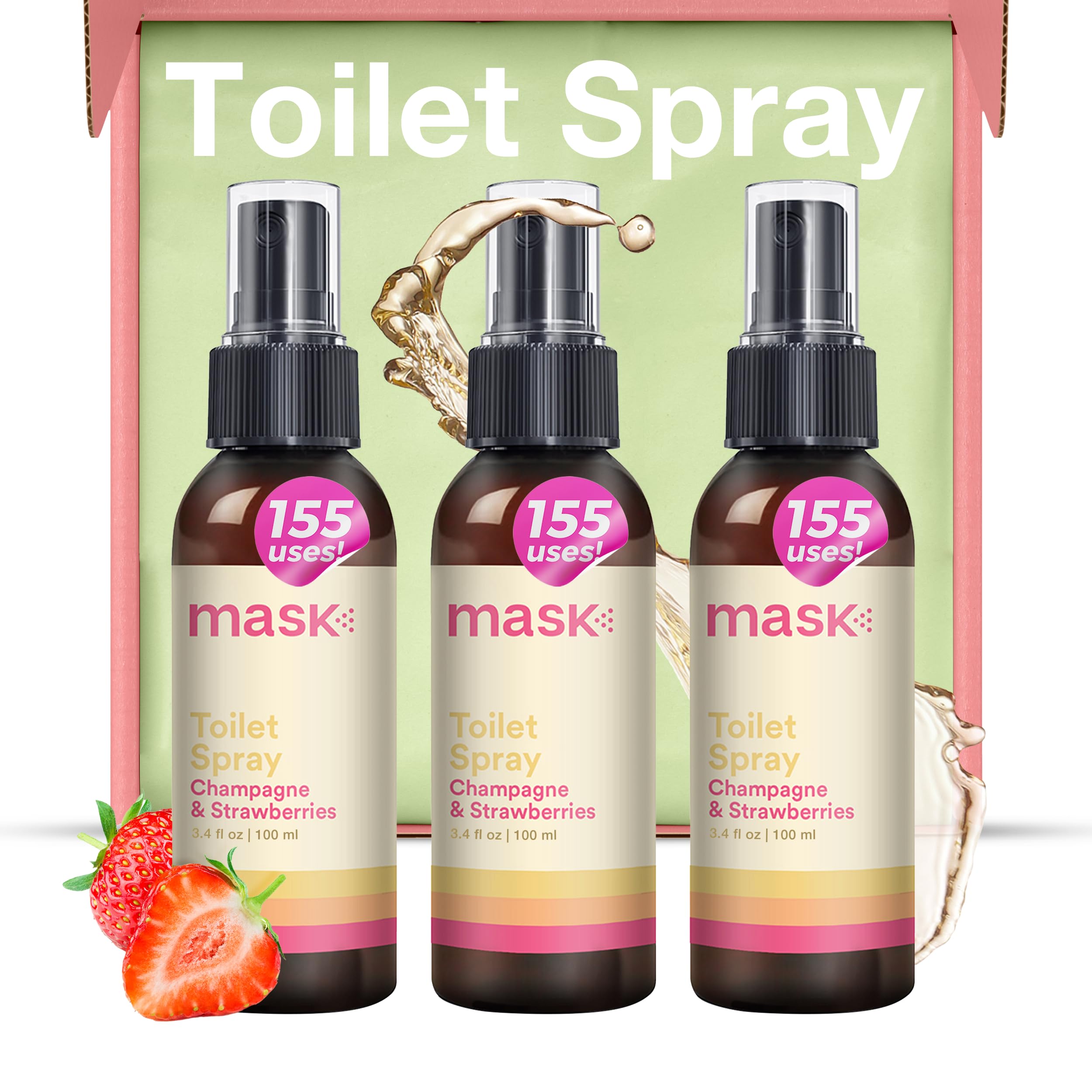 Mask Toilet Spray - Travel Size, Pack of 3, Odor Neutralizer Spray, Bathroom Air Freshener, Bathroom Deodorizer - Champagne & Strawberries Scent, 10.2 Fl Oz