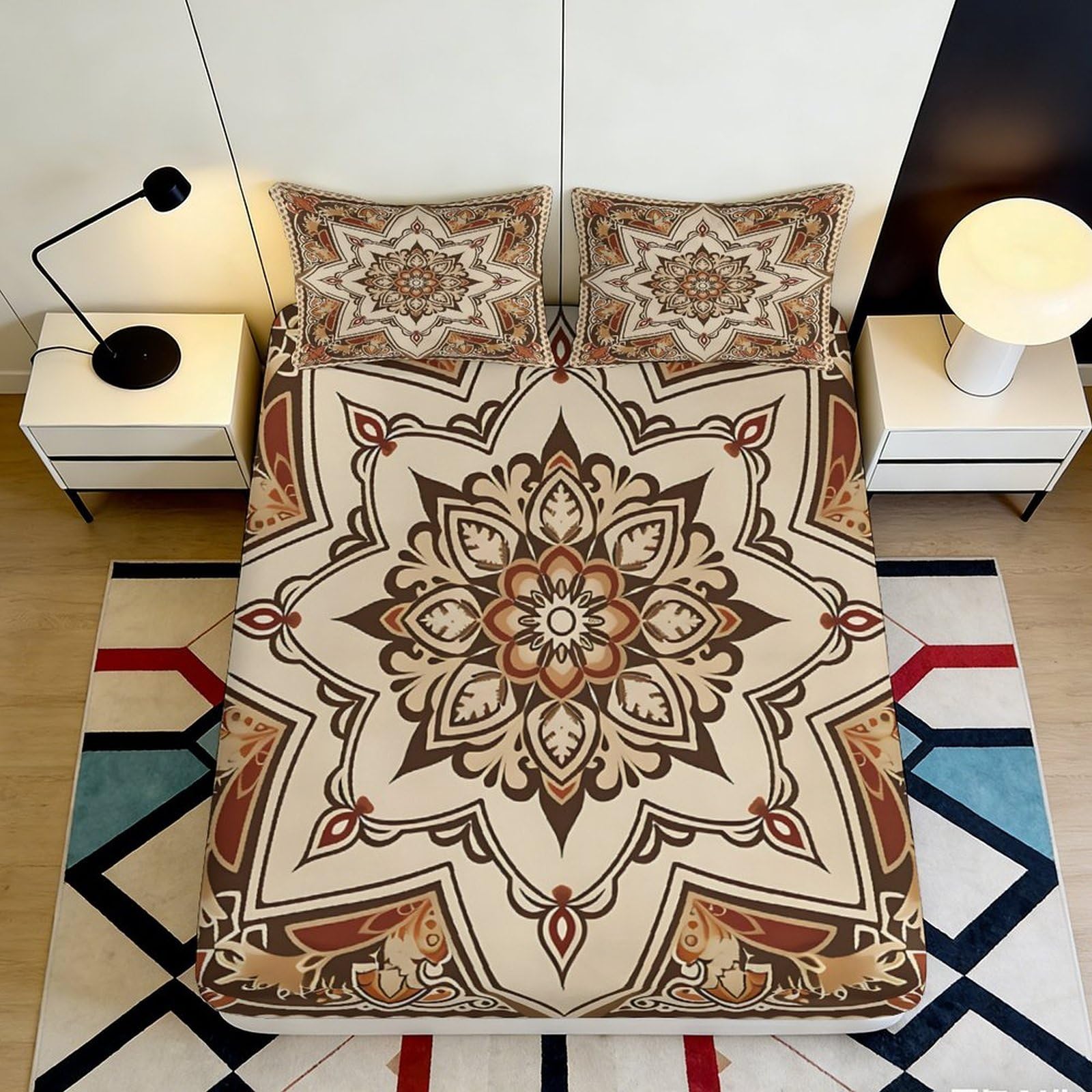 Pnayamiorkfel Style-10 3D Printed Mandala Floral Fitted Sheet Microfiber Soft Brown Beige Boho Geometric Bed Cover For Bedroom Guestroom Mattress Decor 90X200x25cm