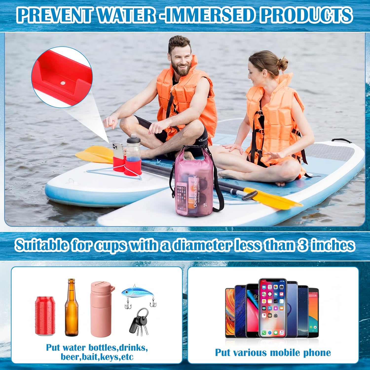 Thinkday 3 Pcs Paddle Board Accessories Include 5L Waterproof Dry Bag for Women Men 2-in-1 Paddleboard Cup Holder Waterproof Phone Case Roll Top Lightweight Storage Bag for SUP Kayak Boat(Pink)