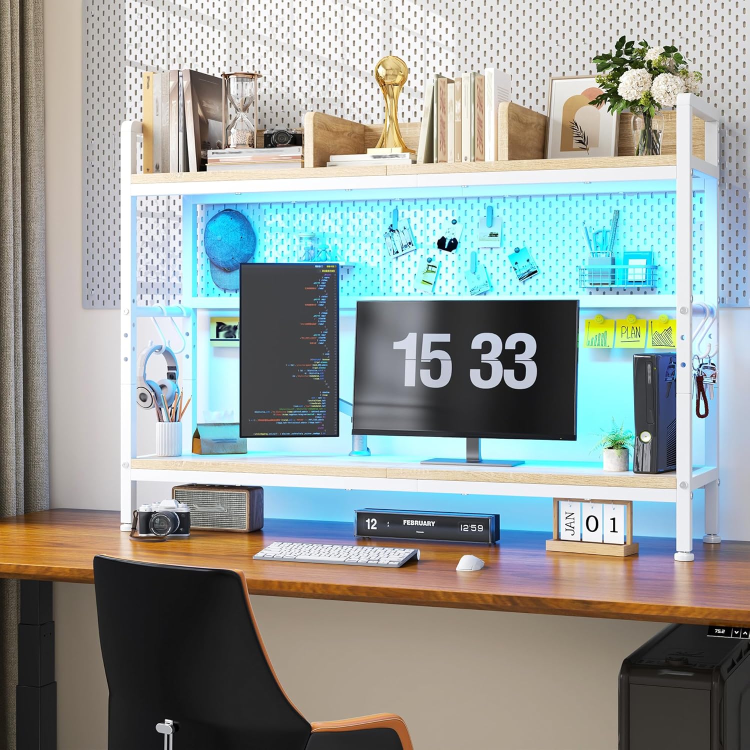 REIBII 45.2" Desk Shelf with LED Lights and Hooks,2-Tier Adjustable Multipurpose Solid Wood Desk Hutch Dorm,Desktop Organizer Rack with 3 Display Rack for Dorm,Office Home,White