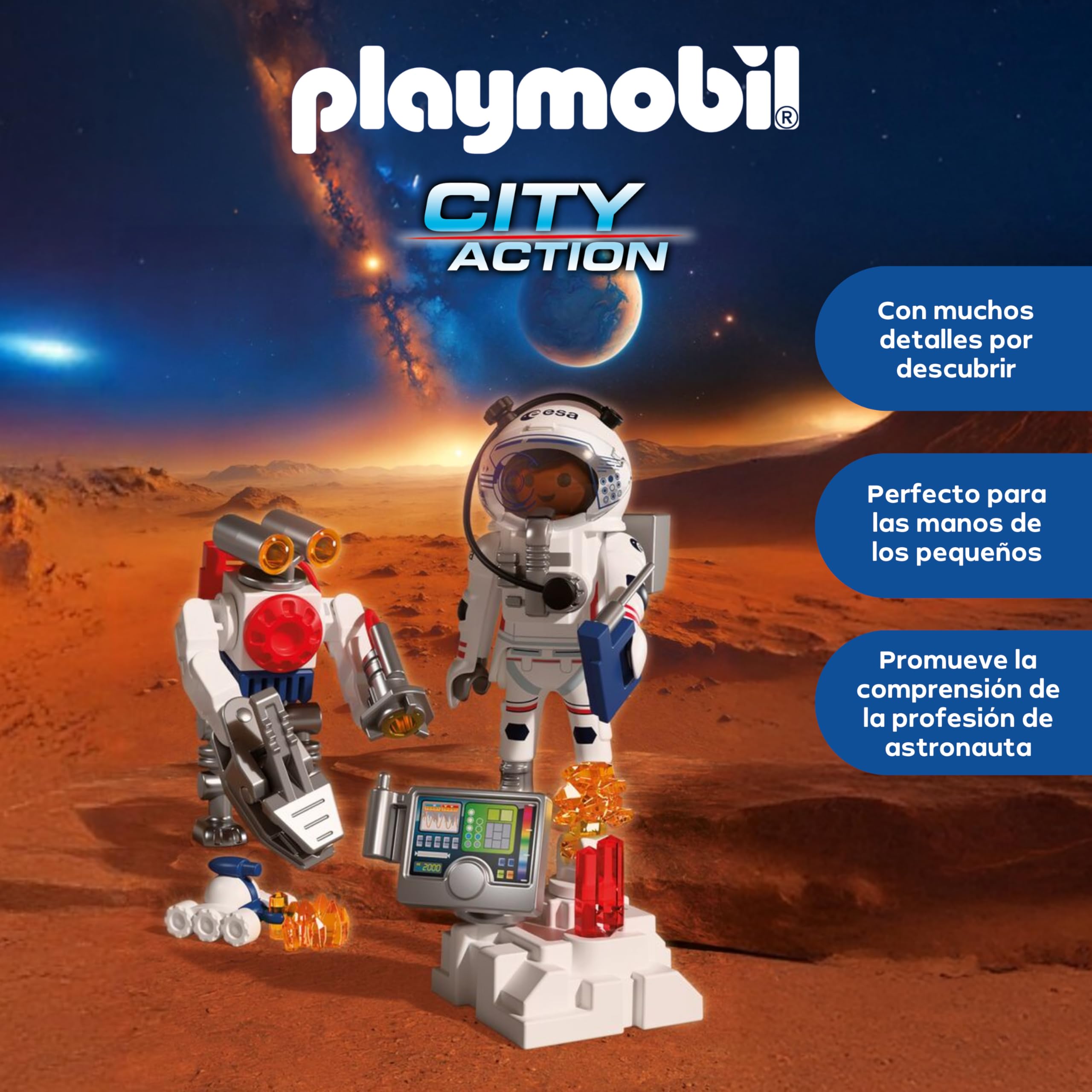 PLAYMOBIL Space Astronauta de la ESA con Robot | Con vehículo explorador marciano, estación de análisis y 3 muestras de rocas | Investigación espacial | Diversión para niños a partir de 4 años | 72014