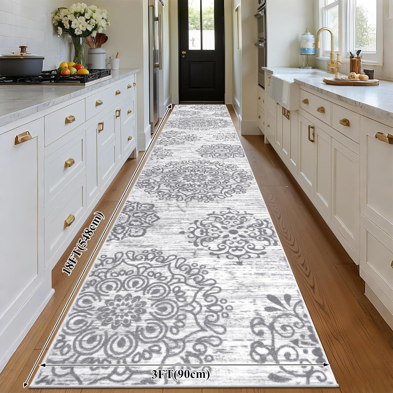 hebe hallway runner rug 3'x18' washable vintage distressed area rugs non slip laundry rug runner boho floor carpet runners for hallways entryway laundry room kitchen bathroom grey 3' x 18' (rectangular)