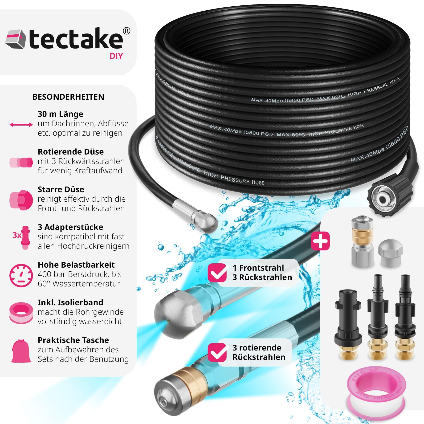 tectake® Rohrreinigungsschlauch 2x Rohrreinigungsdüse, Rohrreiniger Abflussreiniger für Hochdruckreiniger, Rohrreinigung für Abfluss, Abflussrohr, Kanalreiniger, Toilettenreiniger (30m)