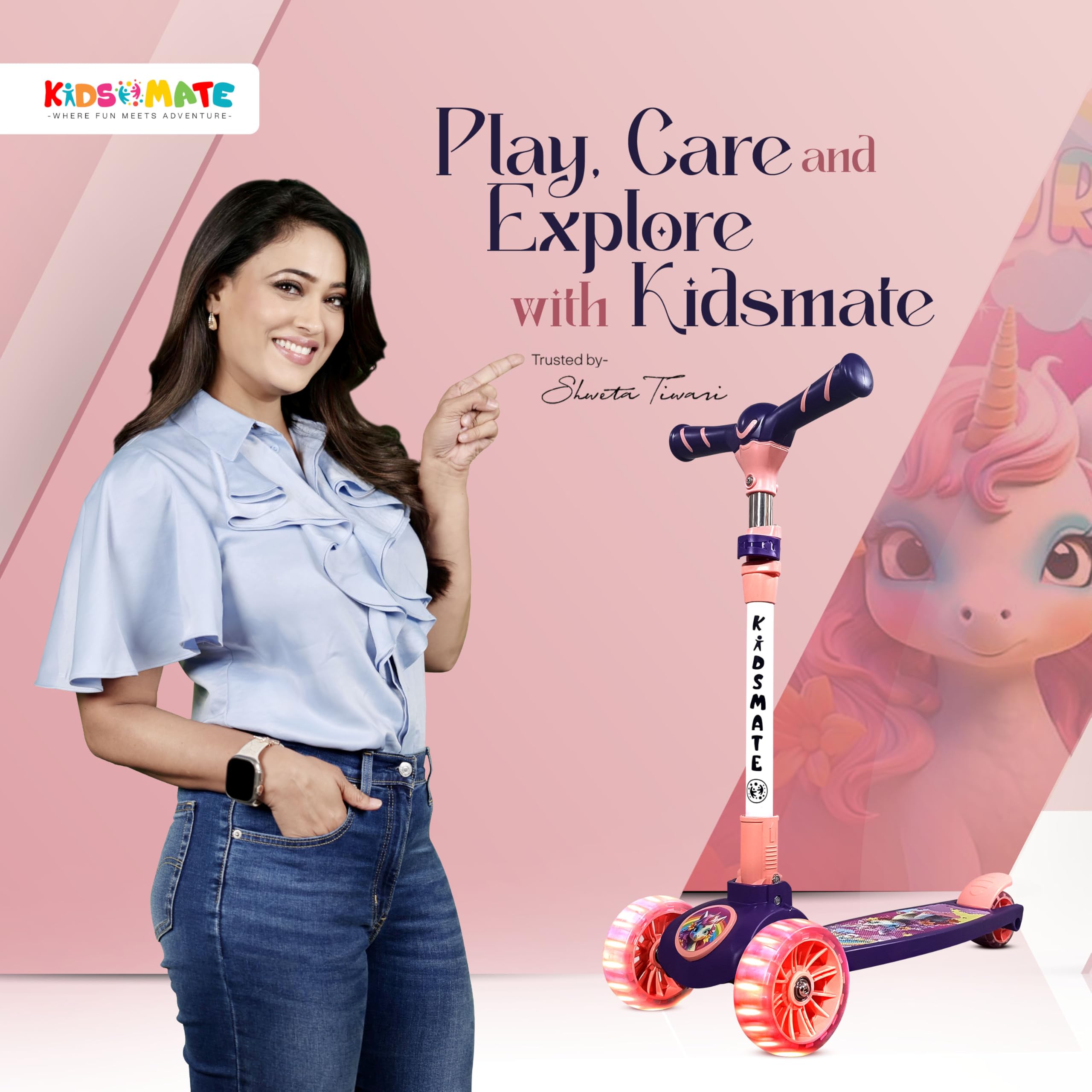 Kidsmate Spartan Kick Scooter with Broad PU LED Wheels | 3-Wheel Skating Scooter for Boys & Girls of Ages 2-12 Years | Level Adjustable Height, and Easy Fold Design (Pink-Purple)