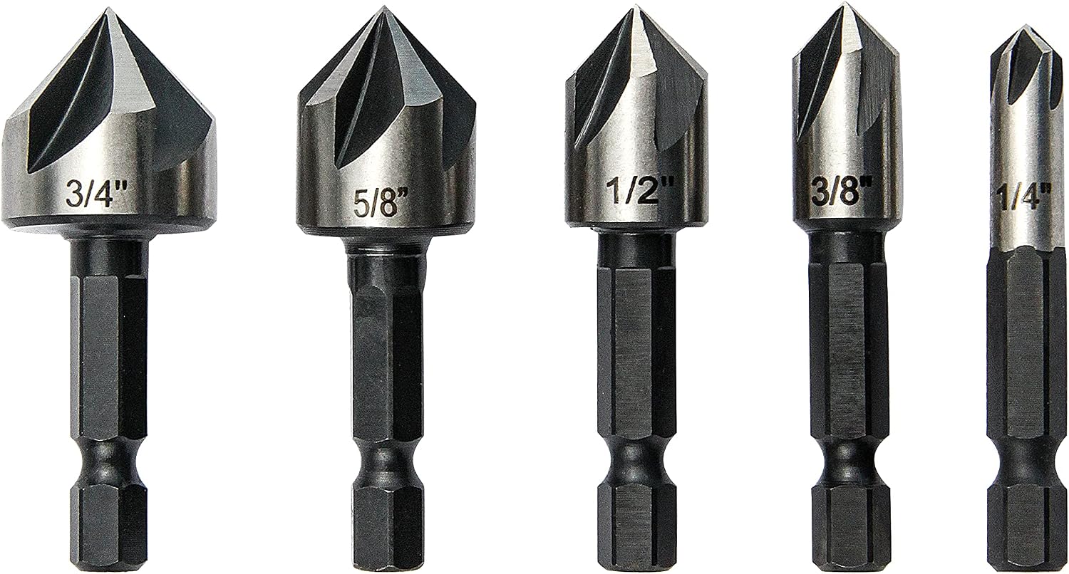 5 pcs Countersink Drill Bit Set 82 Degree Counter Sink  Fit for Sink Holes into Most Machinable Metals, Plywood, Softwood, Hardwood, Fiberglass Plastic, Mild Steel