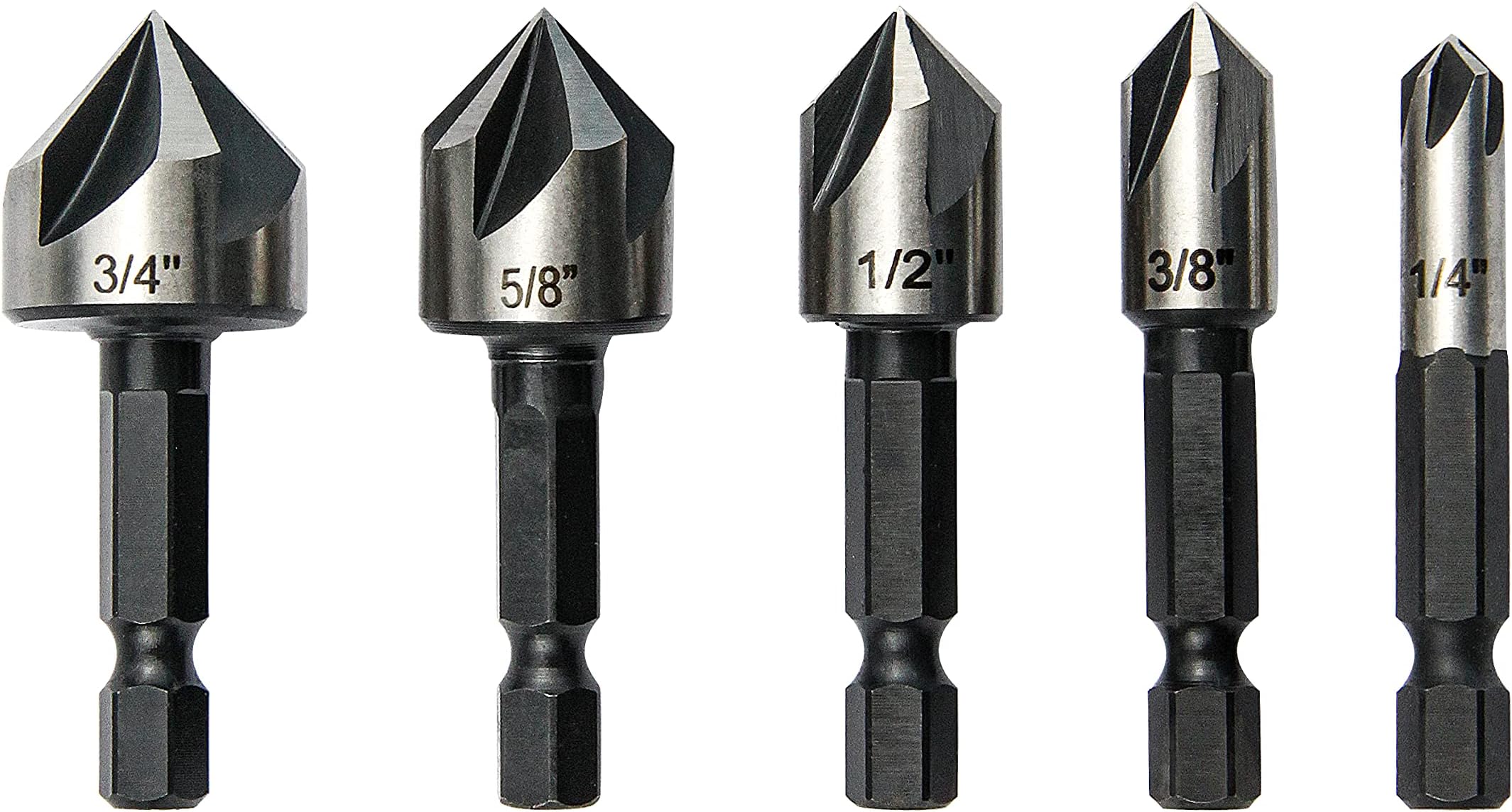 5 pcs Countersink Drill Bit Set，82 Degree Counter Sink， Fit for Sink Holes into Most Machinable Metals, Plywood, Softwood, Hardwood, Fiberglass Plastic, Mild Steel