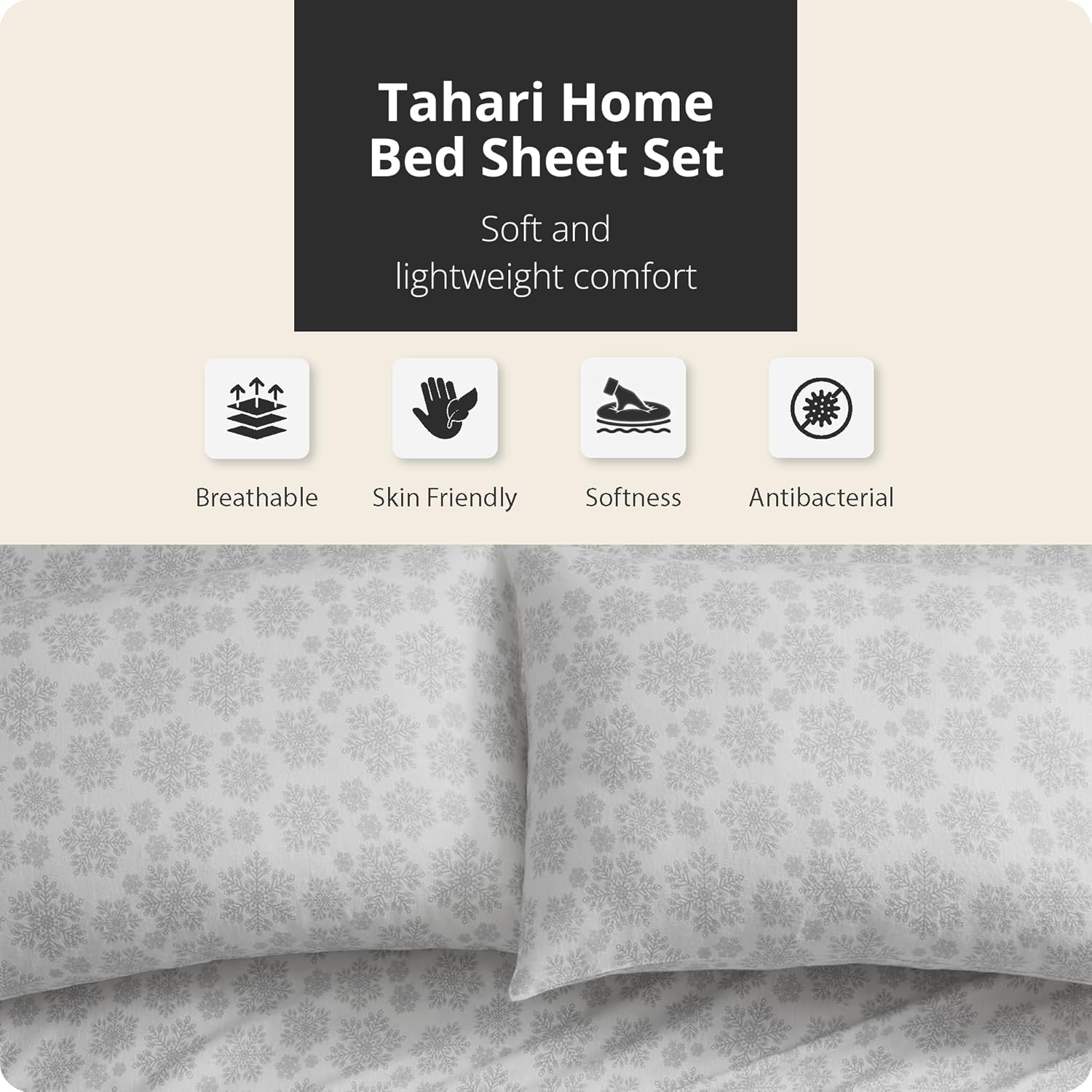 Tahari Home King Size 4-Piece Bedding Set - 2 Sheets & 2 Matching Pillowcases | Fitted & Flat Sheets | Cozy & Warm Brushed Flannel | Soft & Breathable | Durable & Wrinkle Resistant | Snowflake Silver