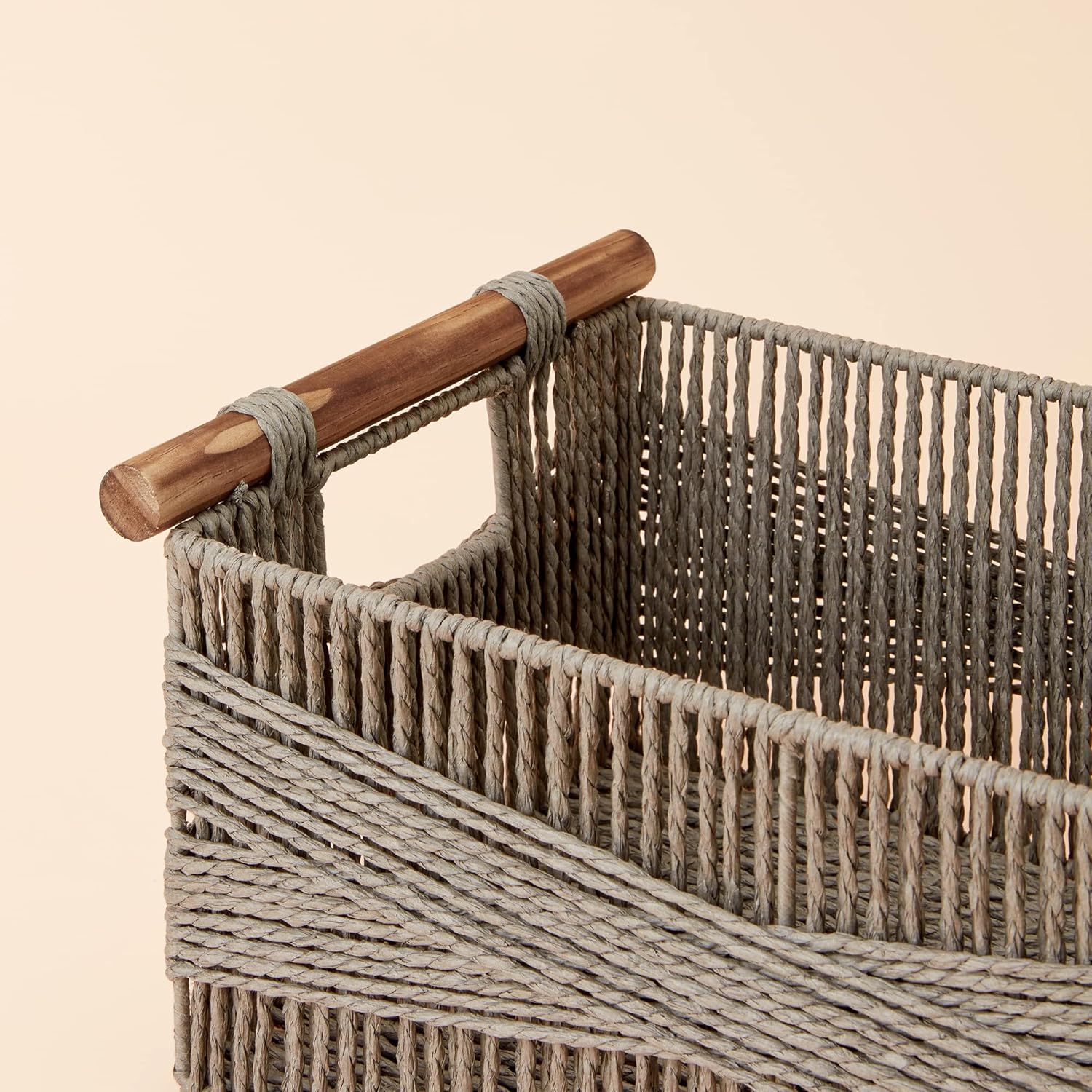 LA JOLIE MUSE Wicker Storage Baskets for Organizing, Recyclable Paper Rope Basket with Wood Handles, Decorative Hand Woven Basket Organizers for Makeup Books Shelves Living Room, Grey, Set of 2 - Image 4