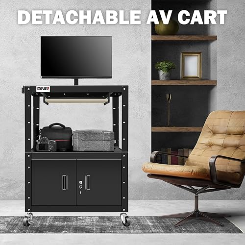 Miniatura 6 de DNA Motoring Carrito AV de acero con gabinete de almacenamiento adicional, 30.8" x 18" x 22"-42" carrito utilitario rodante para proyector de altura