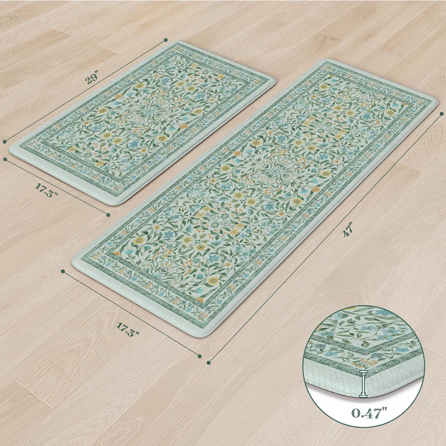 kimode kitchen mats for floor anti fatigue, kitchen floor mats 17.3"x29"+17.3"x47", boho floral kitchen rugs sets of 2, comfort padded rugs for kitchen floor laundry office sink desk blue green 17.3" x 47"+17.3" x 29"--0.47 inches blue/green