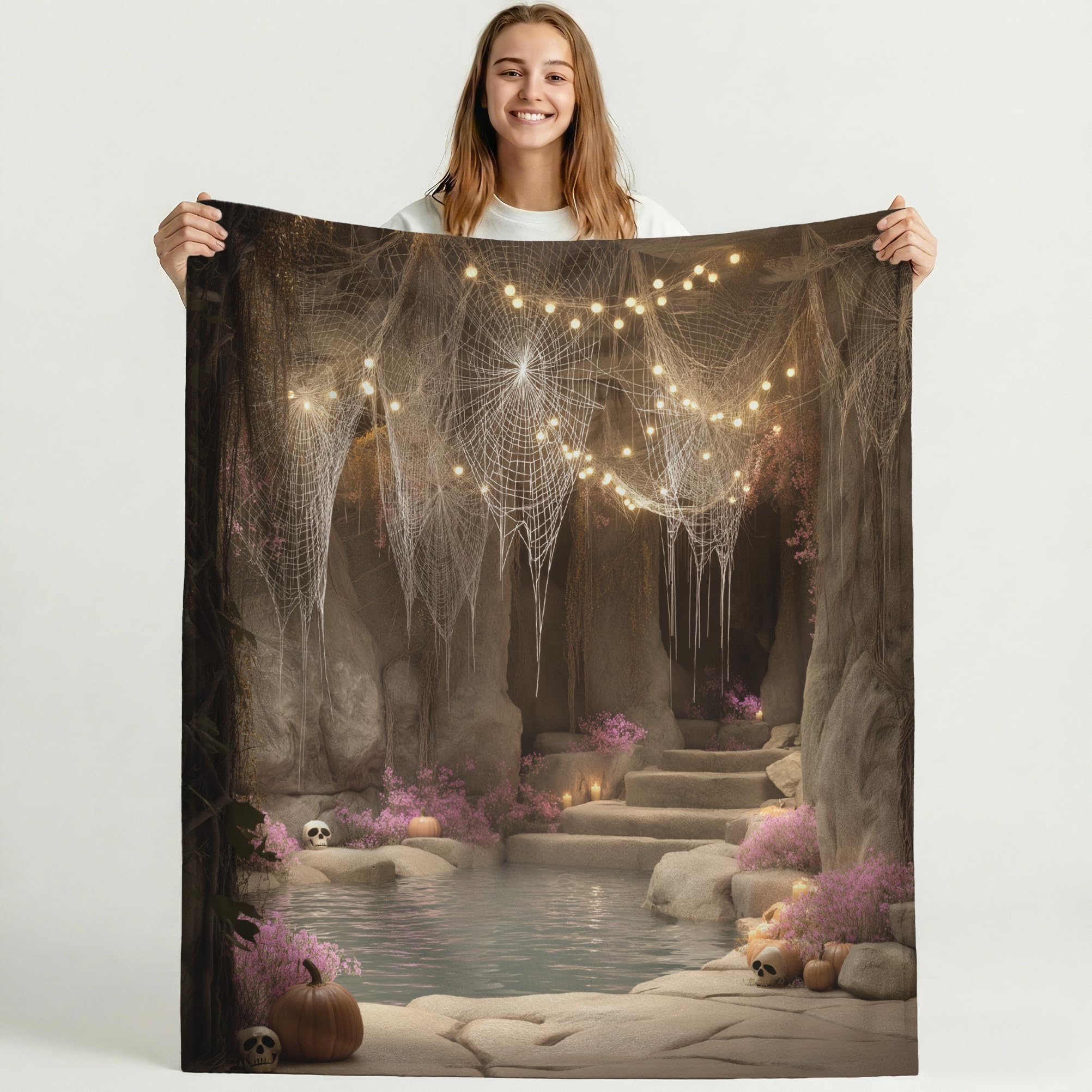 Genérico Zimowy koc flanelowy na sofę i fotel 220 x 270 cm - Koce prezentowe dla kobiet i mężczyzn - świąteczna atmosfera pajęczyna dynia Dekorowanie Della Dom - Khaki Duży koc
