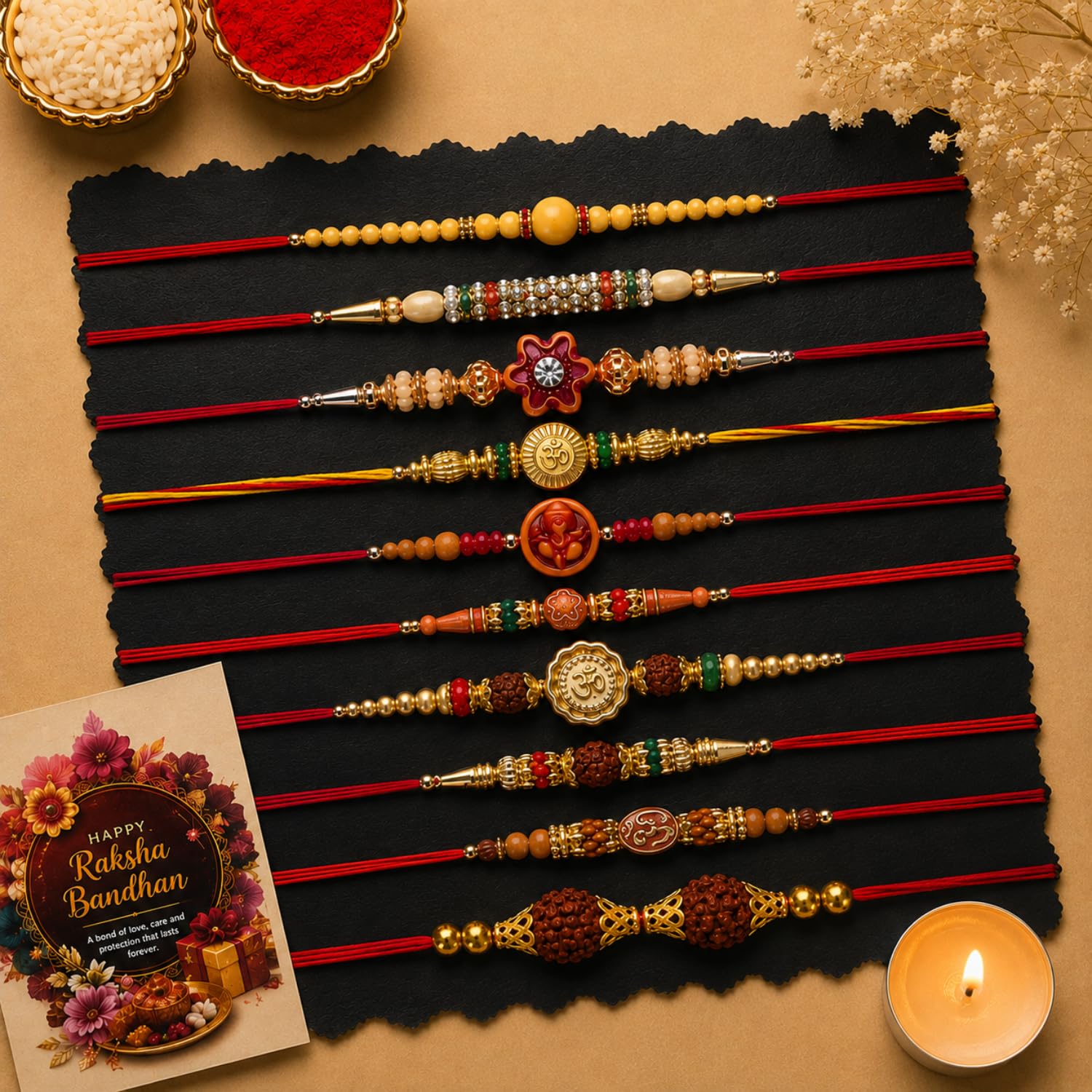 DIKANG Combo Pack of 10 Premium Rakhi Set for Brother and Bhabhi | Mauli Thread Rakhi with Roli Chawal Tilak Set & Greeting Card | Rakhis for Rakshabandhan with Tealight Candle (NR110)