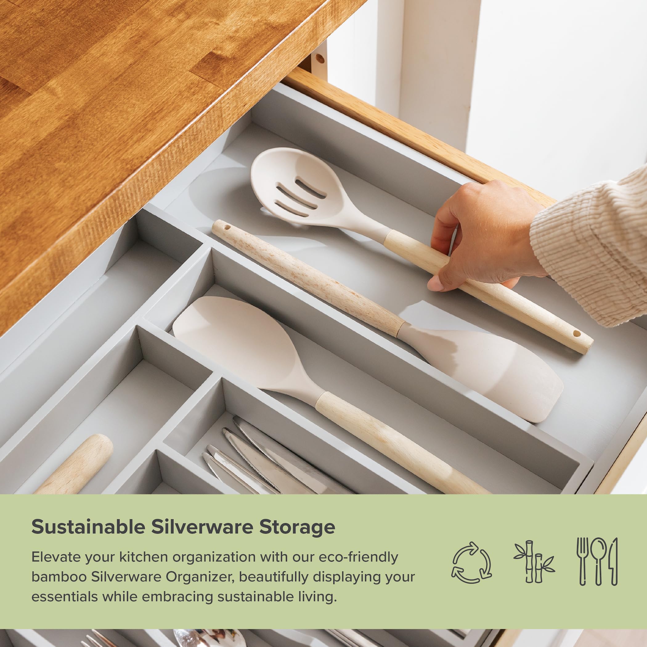 KitchenEdge Organizer do szuflad kuchennych na srebra, sztućce i przybory, jakość premium, bezpieczny w kontakcie z żywnością, z możliwością rozszerzenia od 45,7 do 83,3 cm, szary bambus