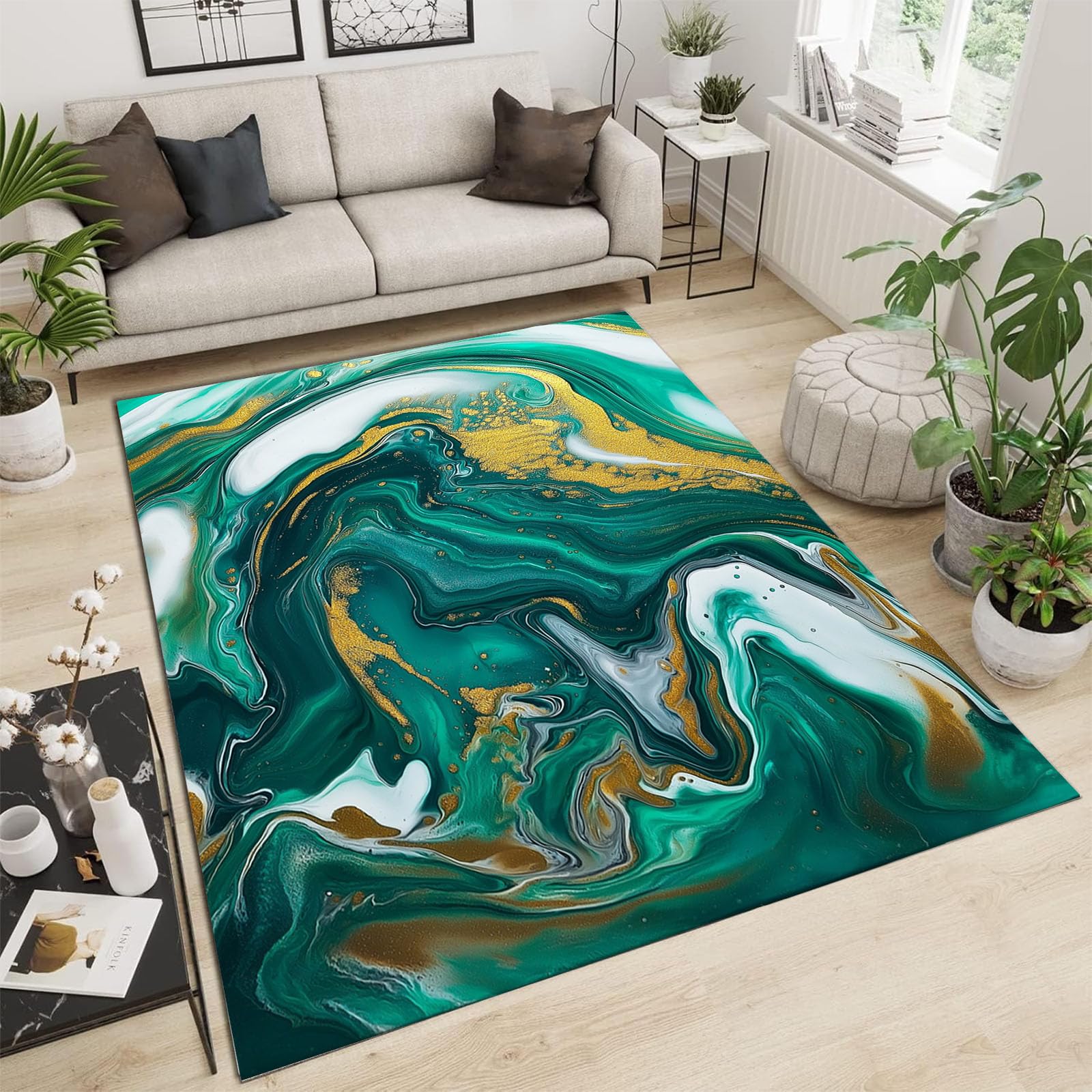 Tapis vert émeraude 60x90cm lavable et antidérapant motif marbre