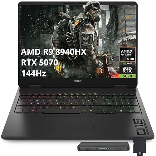 HP Omen 16" FHD 144Hz Gaming Laptop, AMD Ryzen 9 8940HX, NVIDIA GeForce RTX 5070, 16GB DDR5, 512GB PCIe SSD, Backlit Keyboard, Wi-Fi 6, FHD Camera, Windows 11, Black, 1TB Docking Station Set
