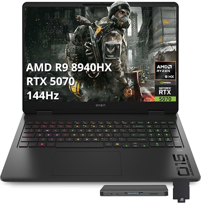 HP Omen 16" FHD 144Hz Gaming Laptop, AMD Ryzen 9 8940HX, NVIDIA GeForce RTX 5070, 16GB DDR5, 512GB PCIe SSD, Backlit Keyboard, Wi-Fi 6, FHD Camera, Windows 11, Black, 1TB Docking Station Set