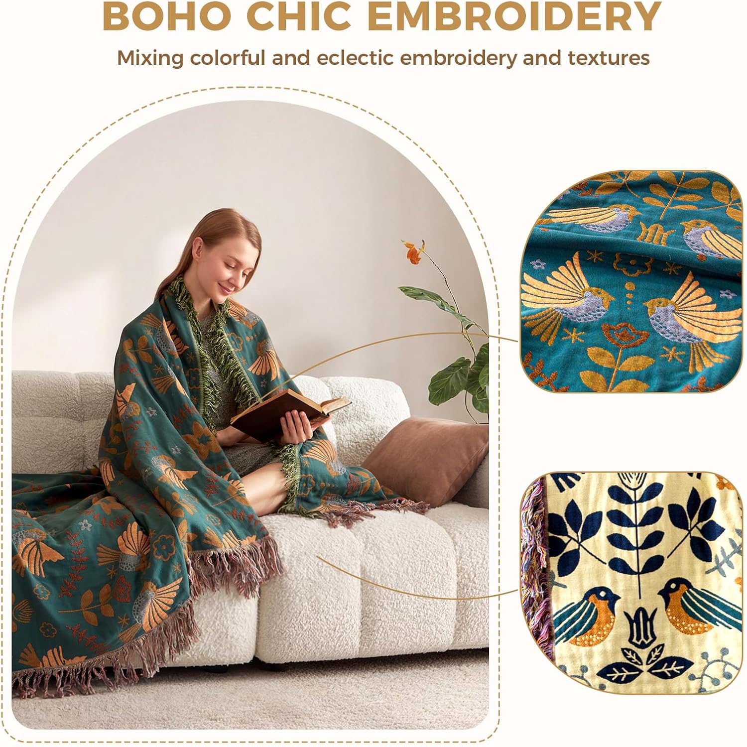 Boho Throw Blanket for Bed 100% Cotton Soft Quilt Spring Lightweight Blanket Bird Floral Embroidery Room Decor Twin Bed Blankets,60"x80" All Season Breathable Throw for Sofa&Couch Chair