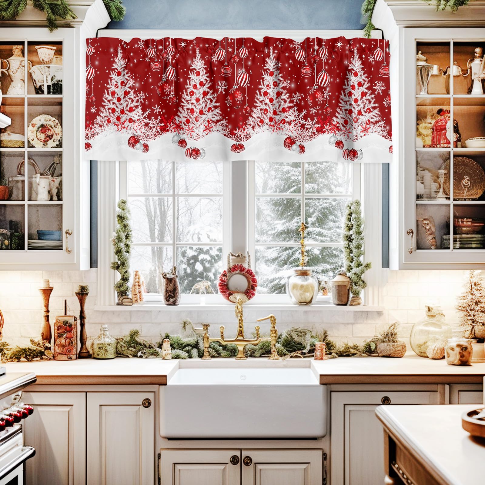 Cliduli Cenefa de Navidad para ventanas, copos de nieve de Navidad, adornos de bola de Navidad rojos, adornos de árbol de Navidad blanco, 1 panel de cortina corta para ventanas de cocina, baño,
