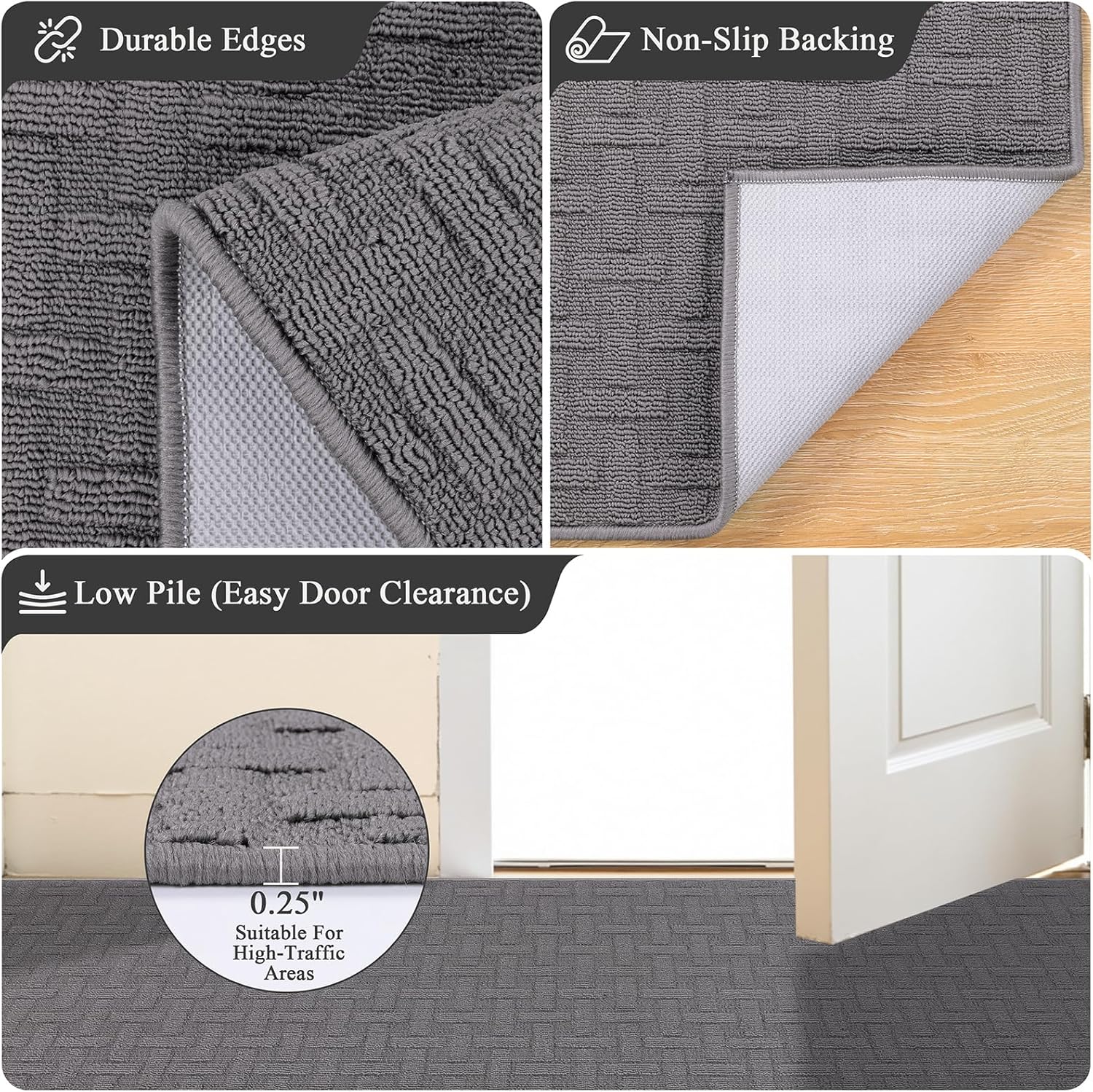 Ileading Indoor Door Mat 2x3ft, Absorbent Dog Muddy Paws Mats, Low-Profile Entrance Small Runner Carpet with Non-Slip Rubber Backing, Washable Inside Welcome Mat for Hallway,Entryway,Kitchen (Grey)