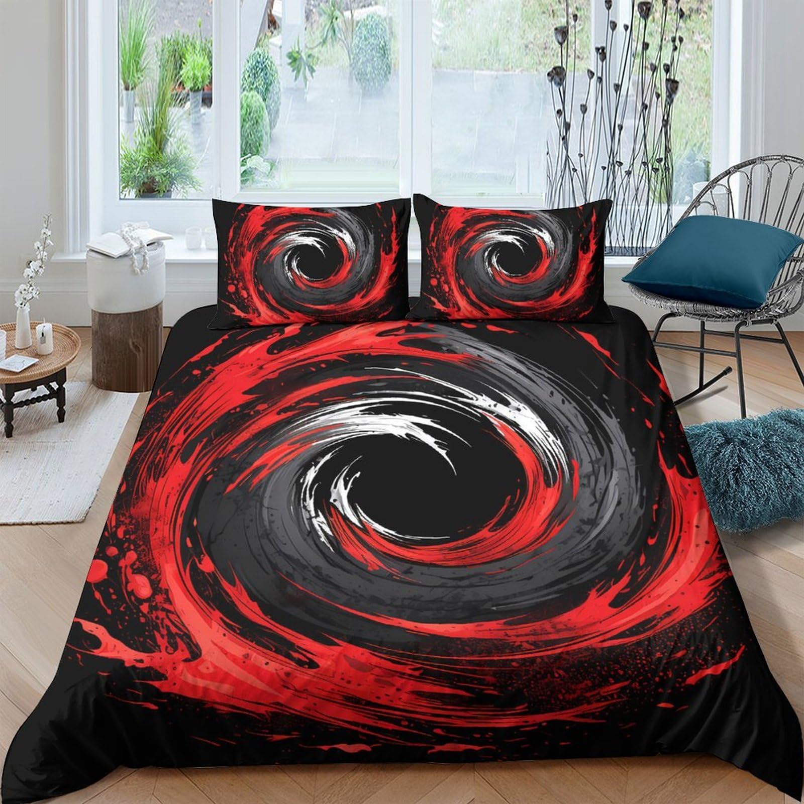 Ctjqhvkz Style-1 3D Printed Black Red Swirl Fitted Sheet Microfiber Soft Slip-Resistant Abstract Spiral Mattress Cover For Bedroom Guest Room Decor Single（135X200cm）