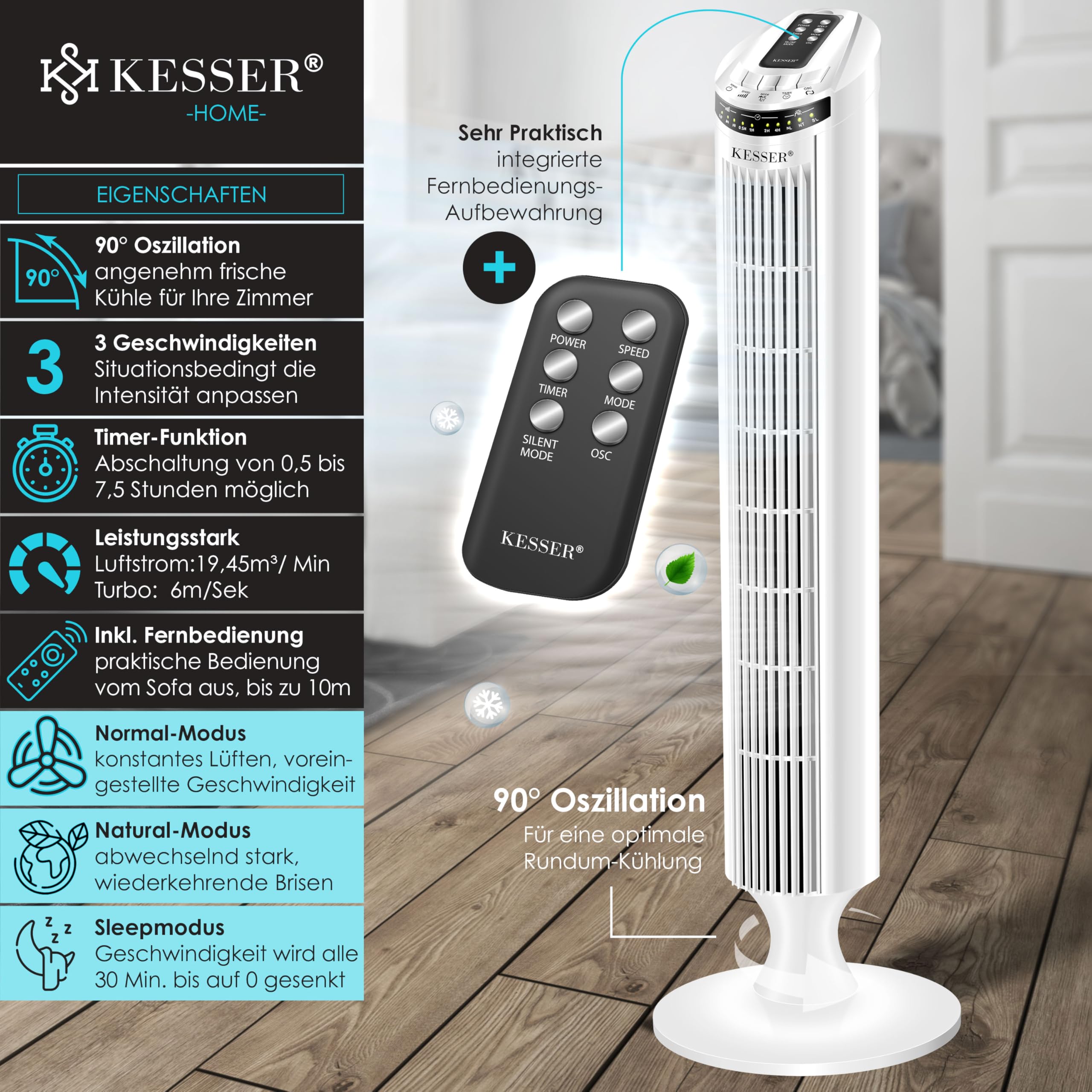 KESSER® Ventilatore a torre con TELECOMANDO - ventilatore a colonna con display a LED - ventilatore a piantana - climatizzatore