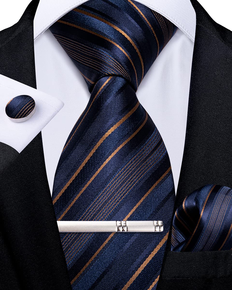 DiBanGu Conjunto de corbata de seda a rayas para hombre, corbata a cuadros con pañuelo de bolsillo, gemelos y clip de corbata para boda formal