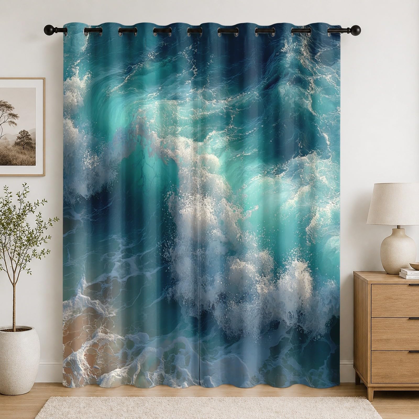 Rideaux salon moderne à oeillets occultants motif vagues pour une chambre douce et intime