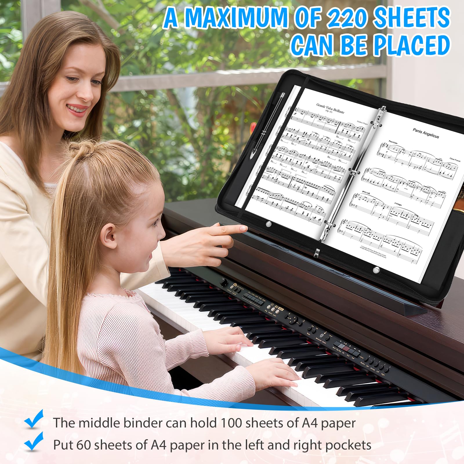 Classeur à musique pour partitions de musique avec poignée et épaule, en cuir synthétique, noir, 30 poches pour feuilles, classeur à 3 anneaux pour piano et performance sur scène