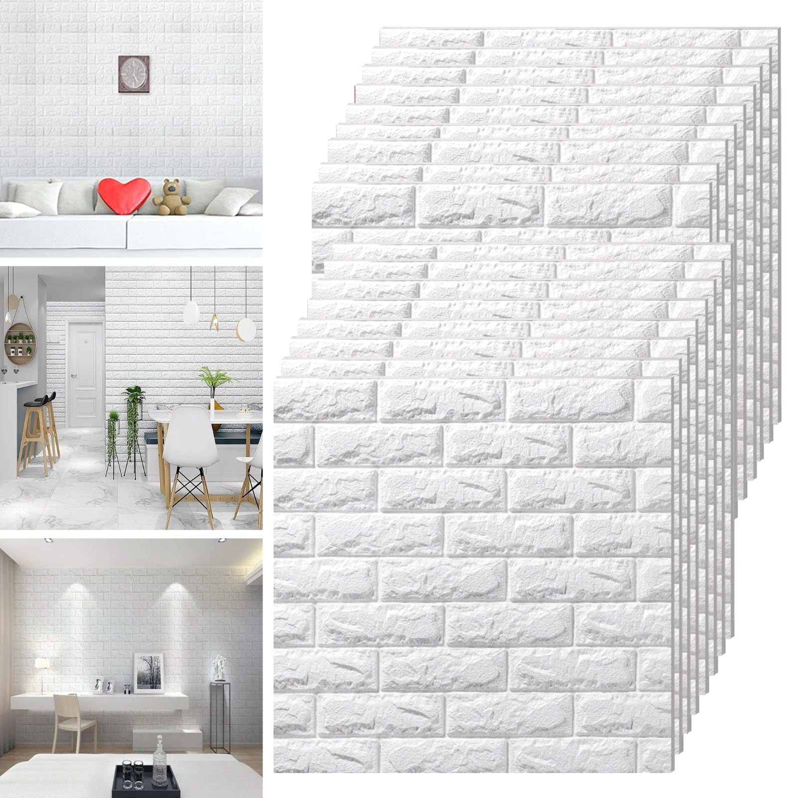 GOWALL 3D Foam Wallpaper Wall Panels Brick Self-Adhesive Waterproof PE Foam, Ceiling Wallpaper for Bedroom Livingroom,Hall, 57.5 Sq.Ft Peel and Stick 3D Brick | 70cmX70cm Color White Pack of 8