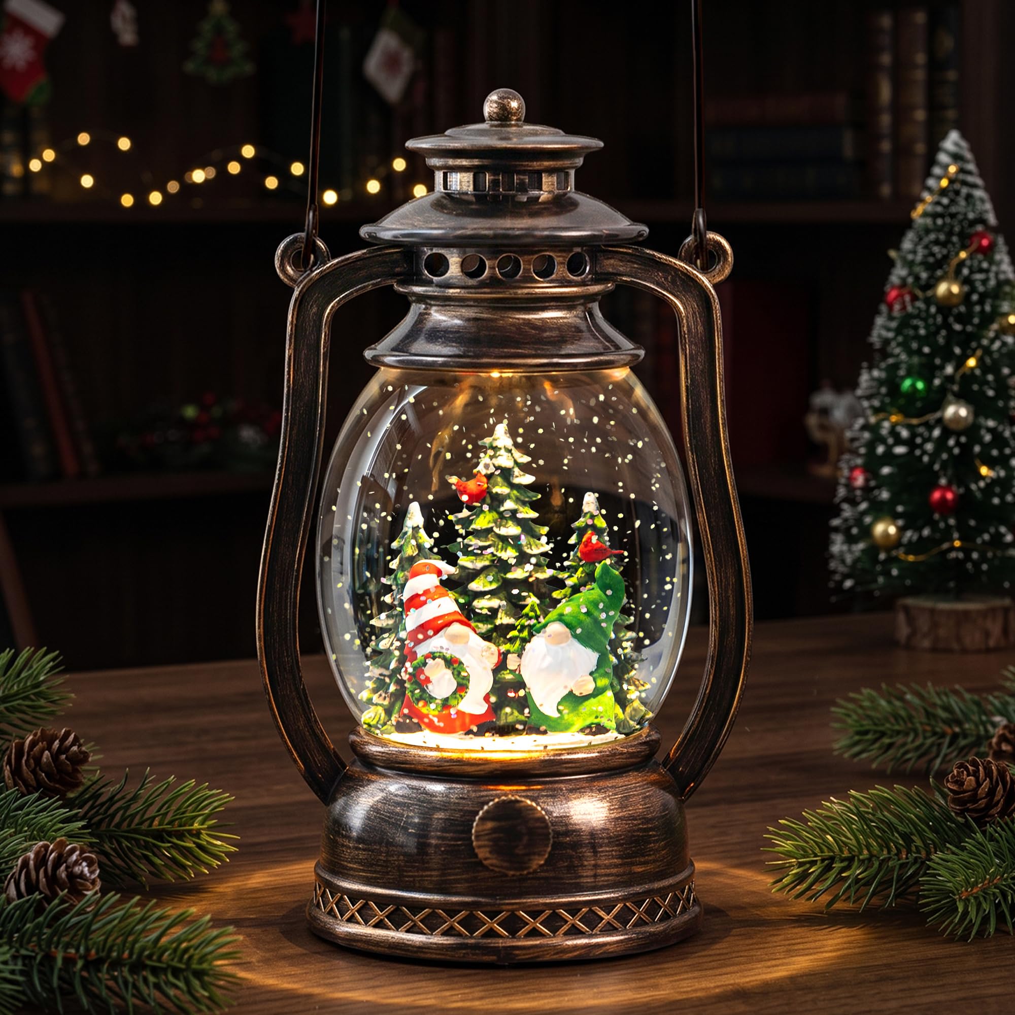 Christmas Snow Globe Lantern with LED Lighted Water Glitter, Hanging Kerosene Style Santa Tree Scene, Vintage Bronze Tabletop Holiday Decoration Gifts
