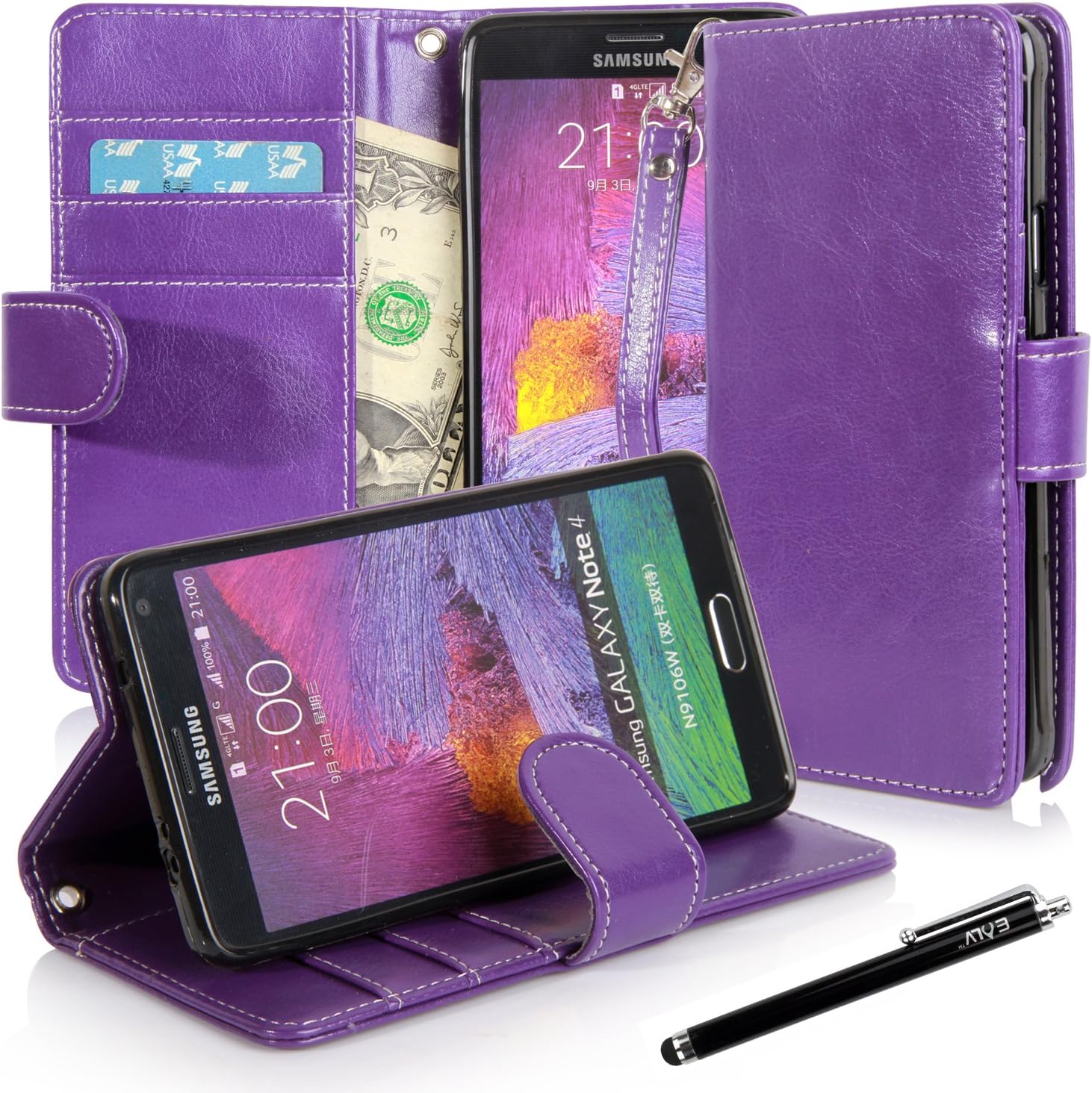 Galaxy Note 4 case, Note 4 Flip Case, E LV Samsung Galaxy Note 4 Case Cover - Deluxe PU Leather Flip Wallet Case Cover for Samsung Galaxy Note 4 with 1 E LV Stylus - PURPLE