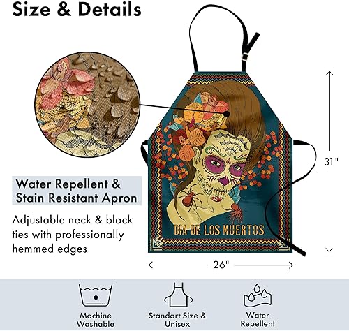 Miniatura 4 de Ambesonne Day of the Dead Apron, Dia de Los Muertos Skull Girl with Roses Hearts Print, Unisex Kitchen Bib with Adjustable Neck for Cooking