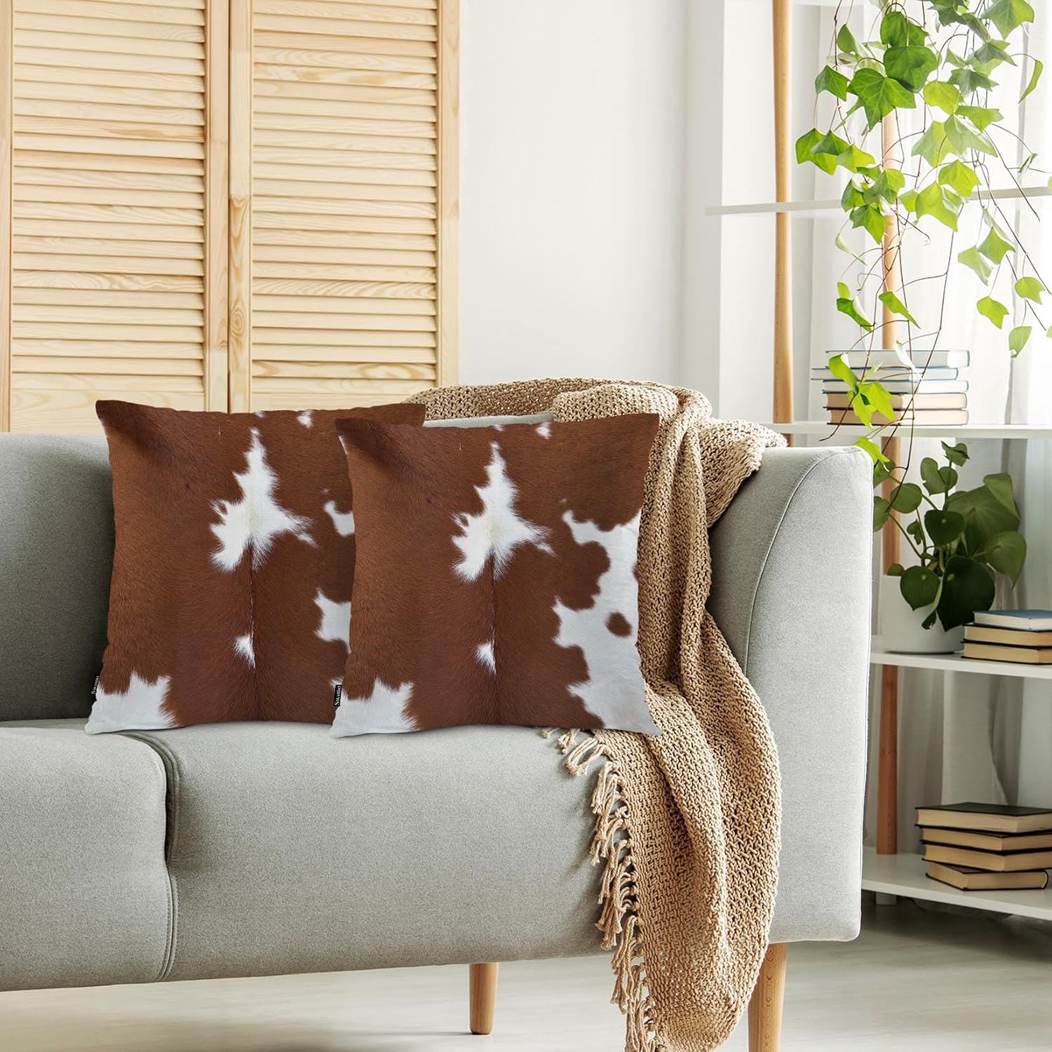 Swono Cowhide Decorative Throw Pillow Case 18" X 18", Farm Cattle Cow Cowhide Fur Standard Pillow Covers, Brown White Set of 2 Throw Pillowcase Cushion Covers for Couch Chair Bedroom Sofa Car Seats image 2
