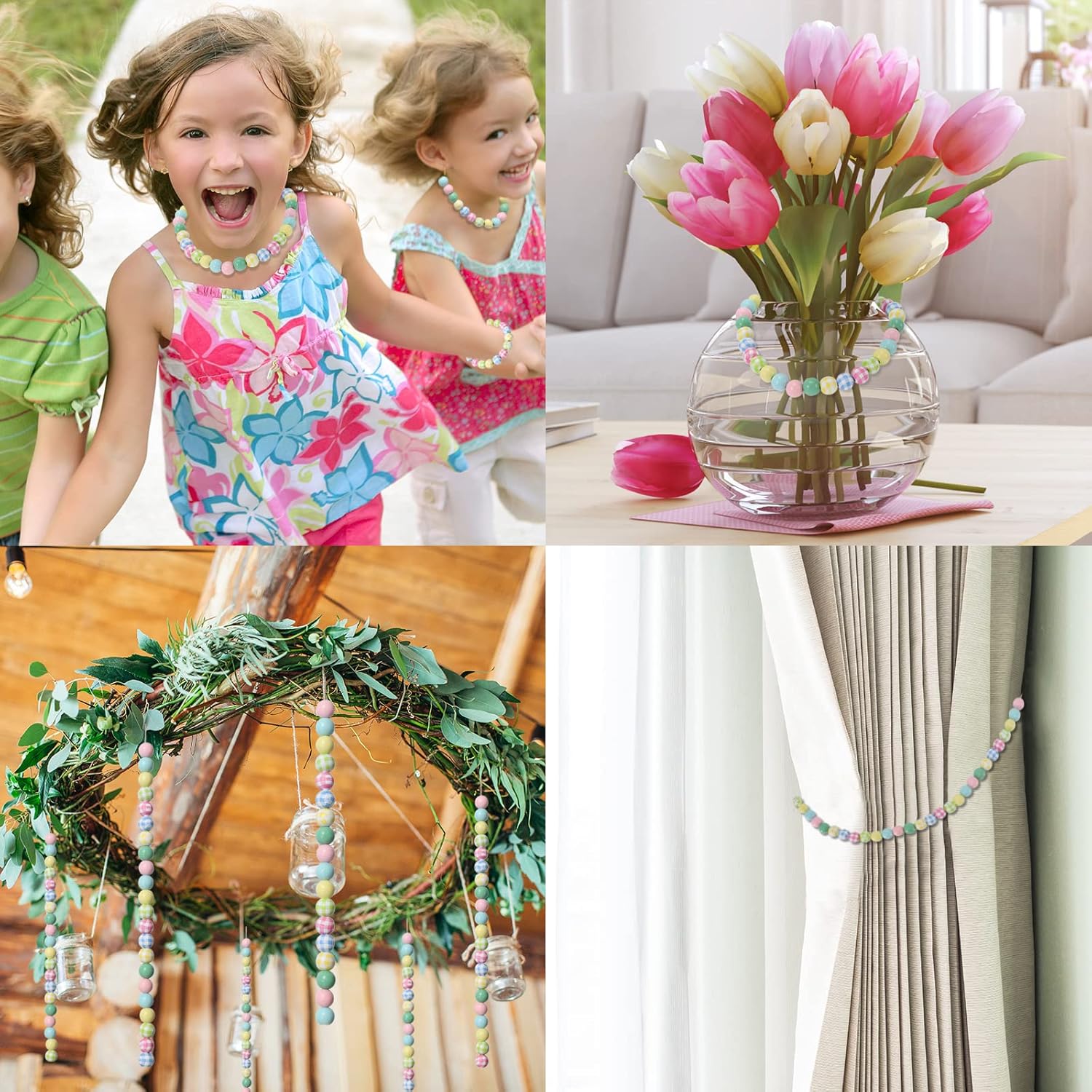 Whaline 240 Macaron Wooden Craft Beads Blue Green Yellow Pink Colorful Wooden Round Beads Plaid Round Wood Polished Spacer Bead Bubblegum Loose Beads for DIY Lanyard Key Chain Handmade Jewelry Decor - Image 7