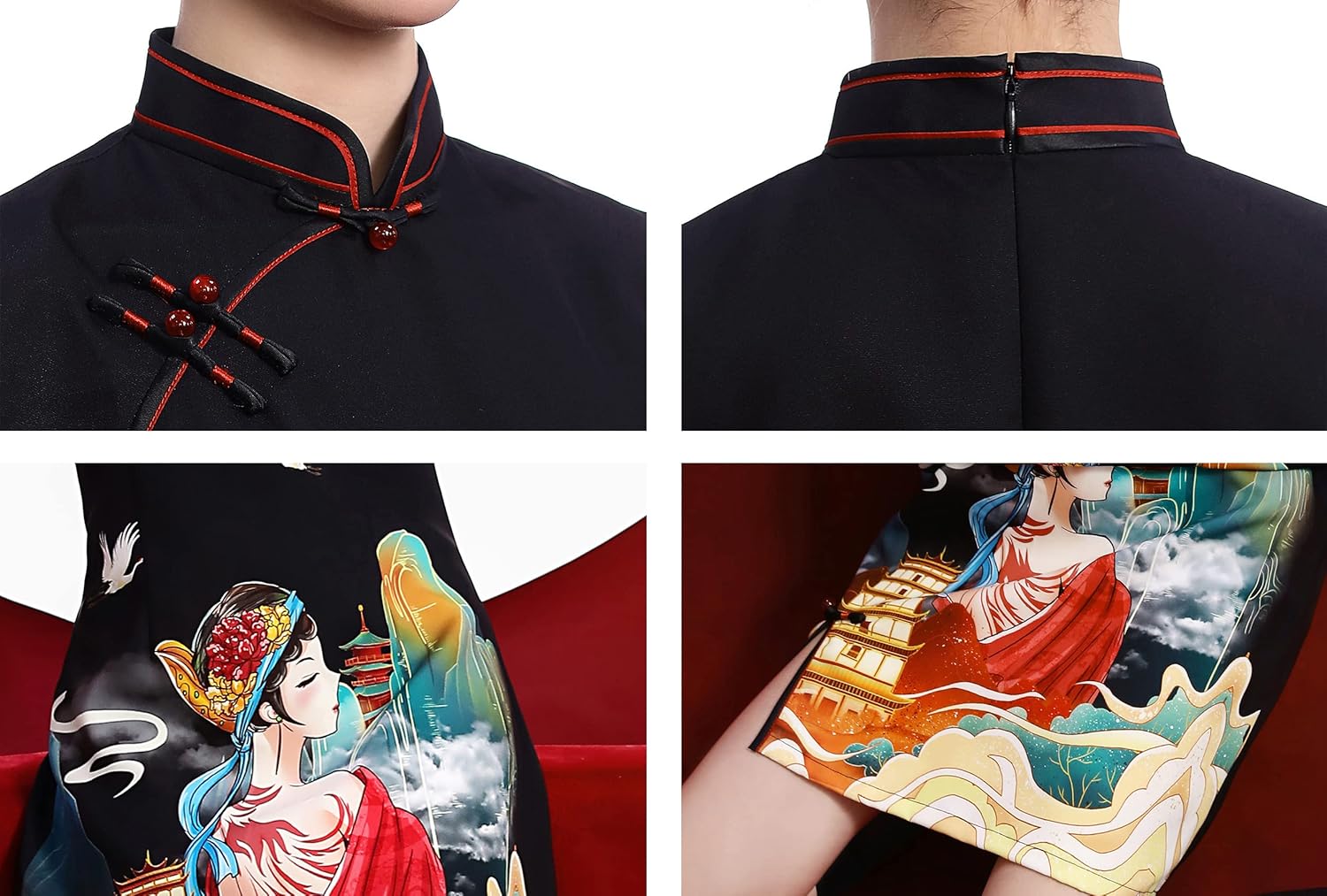 LAI MENG FIVE CATS Women's Vintage Chinese Cheongsam Print Short Sleeve Retro Side Slit Mini Dress