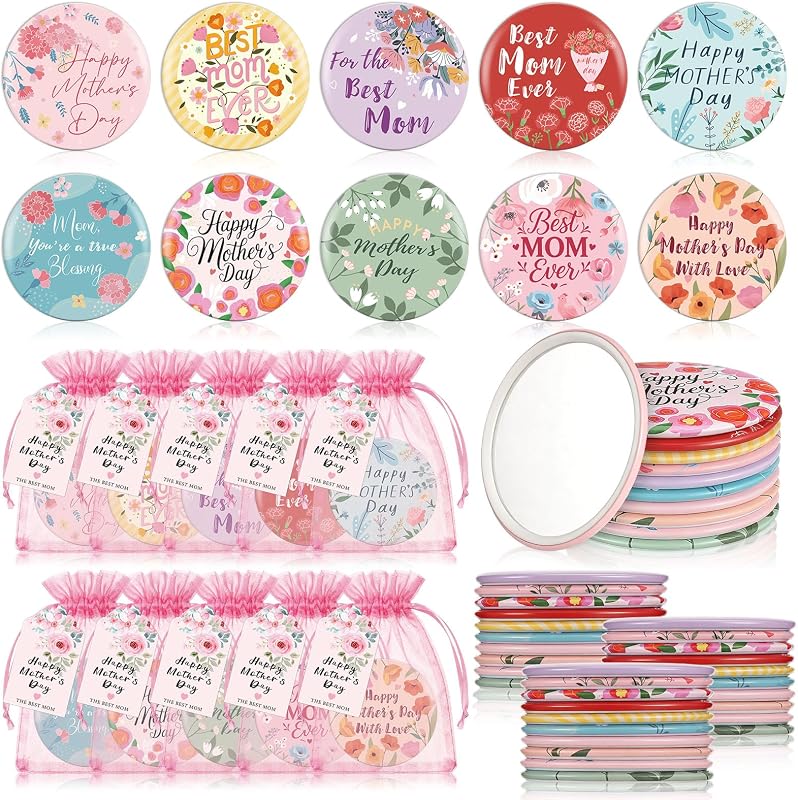 Landical conjunto com 50 espelhos compactos redondos de 7 cm, cartões e bolsas de organza rosa