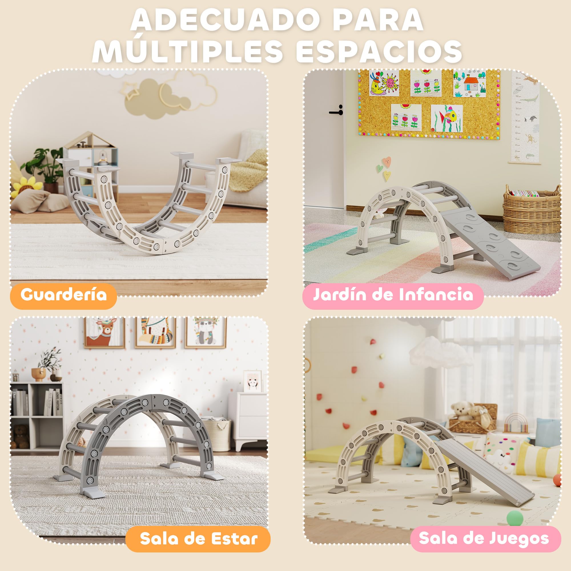 AIYAPLAY Juguete de Escalada para Niños 4 en 1 con Arco de Escalada, Mecedora, Rampa y Tobogán, Juguete de Plástico para Niños de 18-48 Meses, para Interior y Exterior, Gris y Blanco