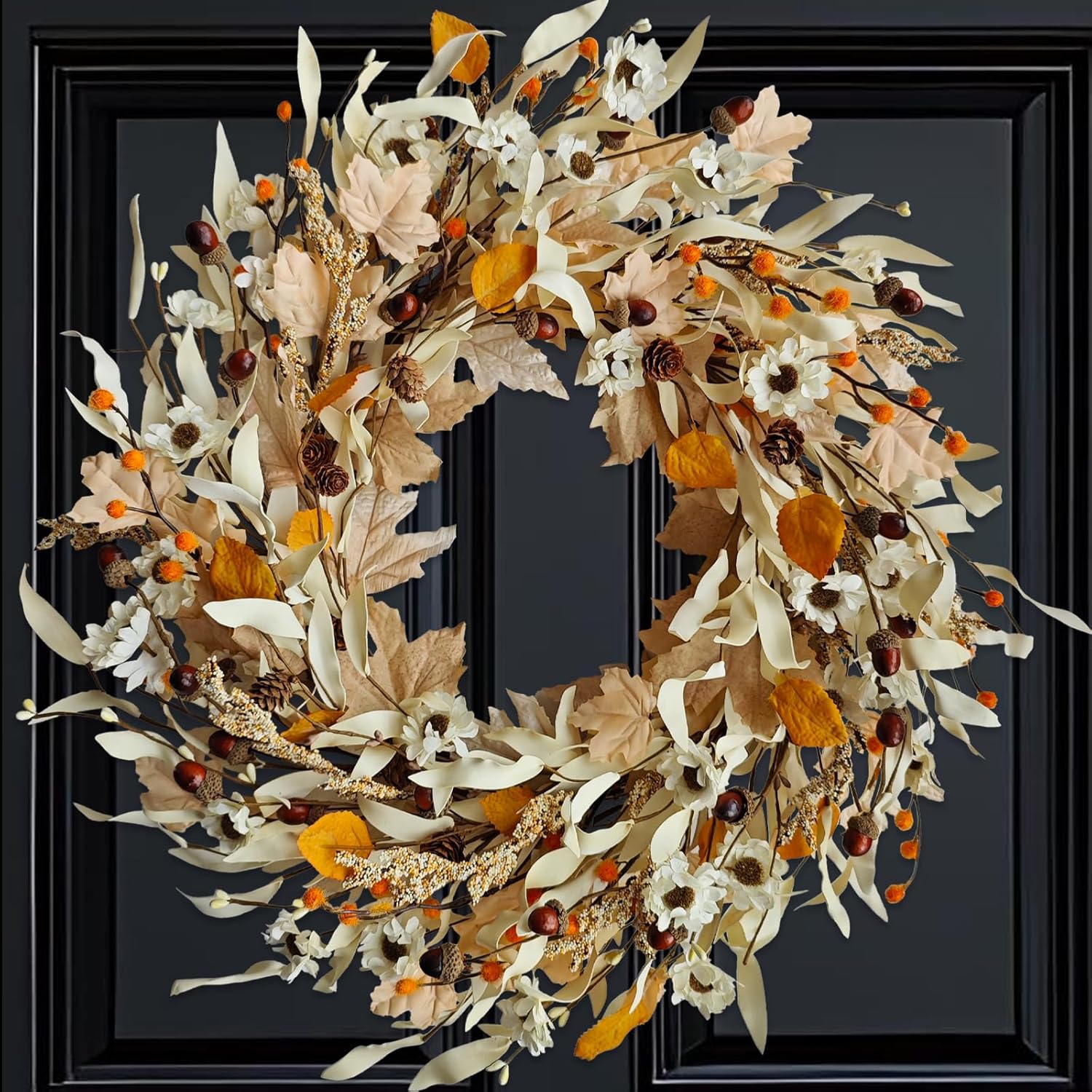 22 Inch Autumn Front Door Wreath - Farmhouse Fall Decor with White Daisies, Eucalyptus, Wheat, Berries, Acorns - Thanksgiving Porch Decor, Indoor Outdoor Door Hanger