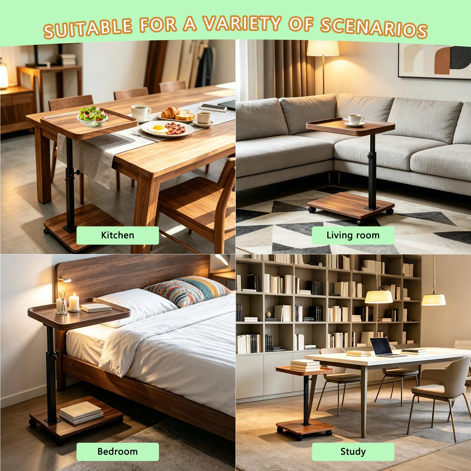 Mesa lateral ajustable con ruedas, altura 45-80 cm, tablero DM efecto madera de nogal, giratoria 360°, estructura de metal resistente, para sofá, cama, sillón, lectura, trabajo, bebidas