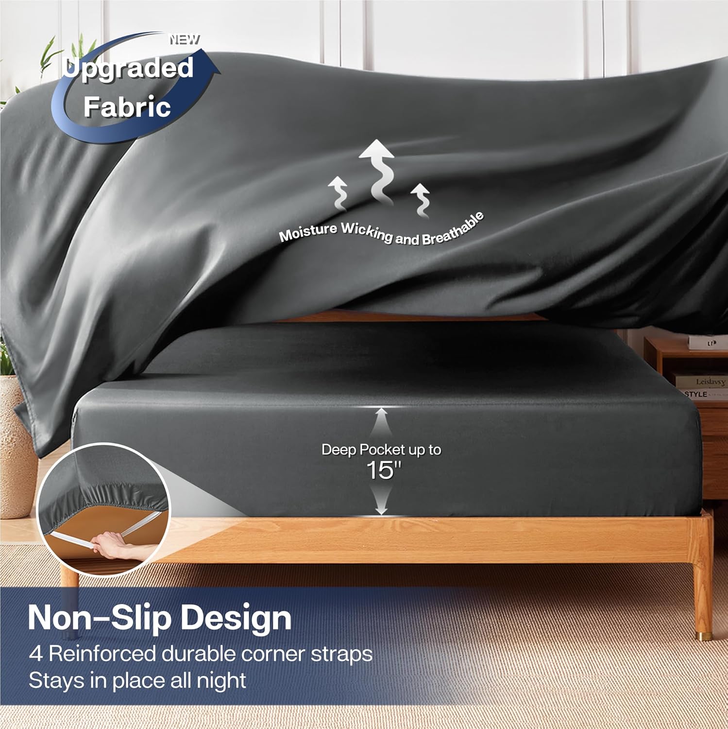 MR&HM Queen Sheet Set, 4-Piece Cooling Sheets, Rayon Derived from Bamboo & Polyester Blend, Soft & Silky, 15" Deep Pockets with Elastic Straps, Hotel Luxury for Hot Sleepers, Dark Grey - Image 7